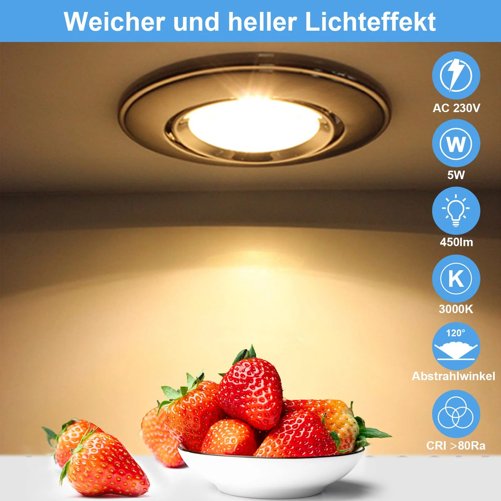 HiBay Set of 4 LED Recessed Spotlights GU10 Mounting Frame 5 W Warm White LED Spotlight 230 V Brushed Stainless Steel Round Includes GU10 Socket - Image 5