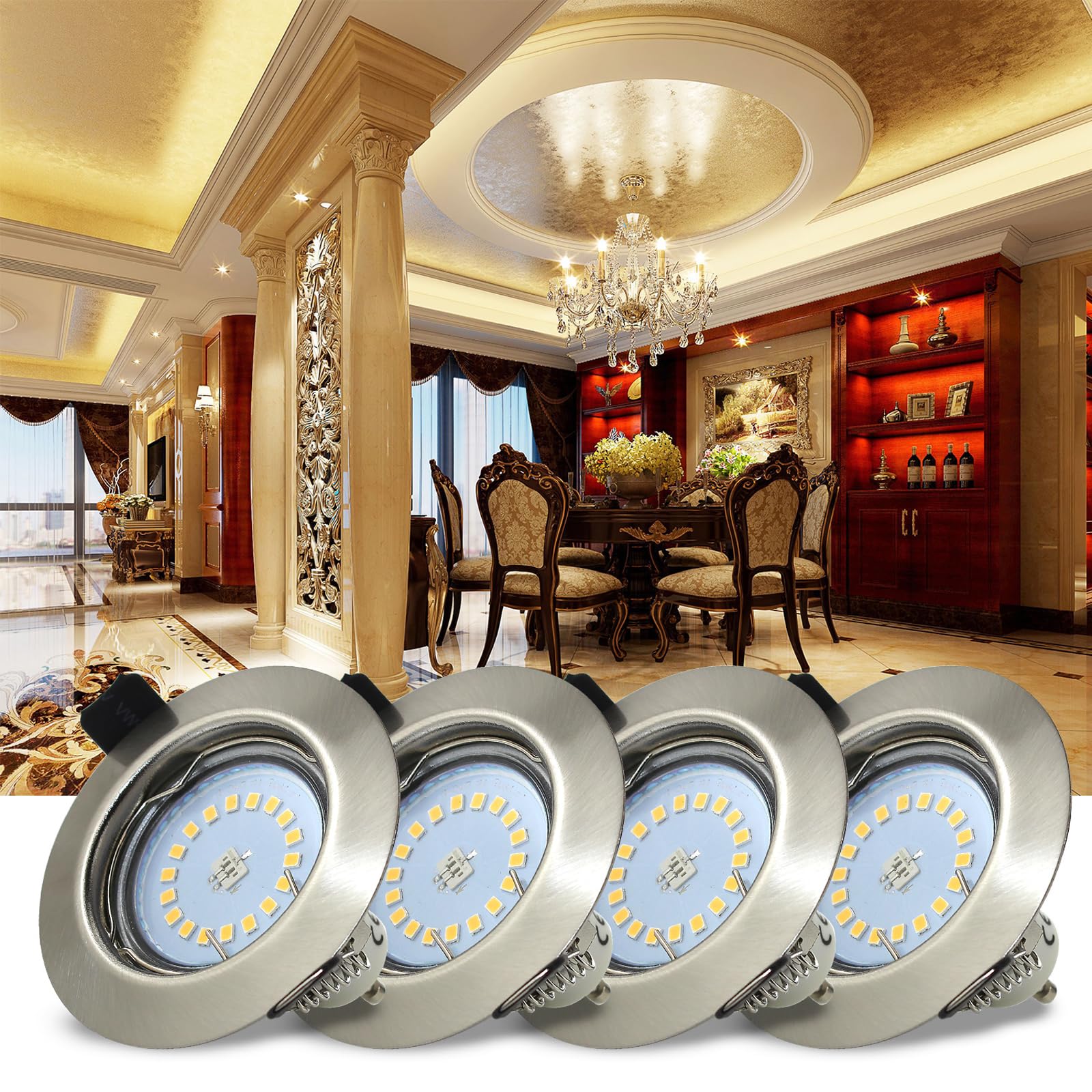 HiBay Set of 4 LED Recessed Spotlights GU10 Mounting Frame 5 W Warm White LED Spotlight 230 V Brushed Stainless Steel Round Includes GU10 Socket - Image 7