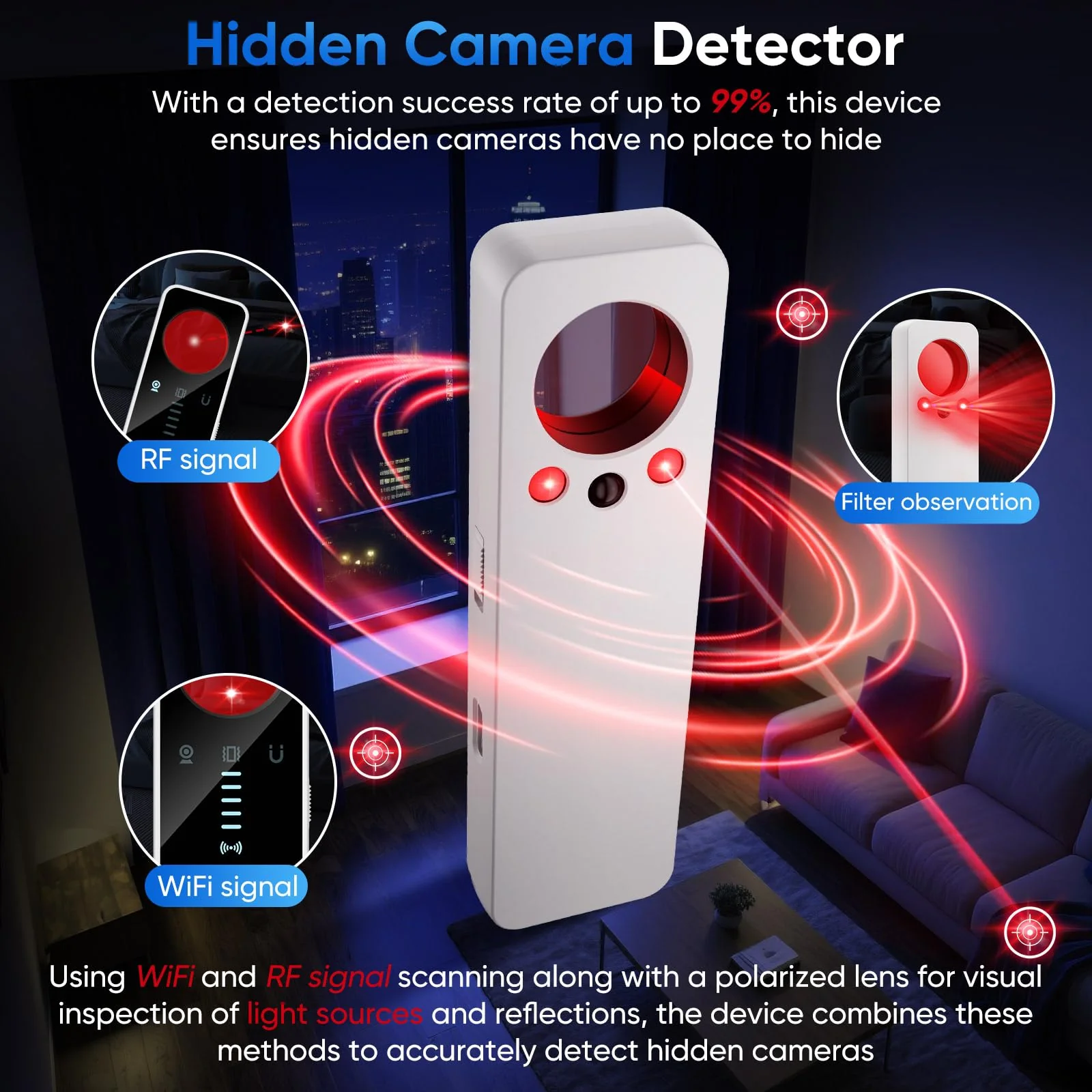 Hidden Camera Detector 2025 Anti-Spy Camera Finder with 5 Levels Sensitivity - GPS Tracker Detector - Bug Finder - Emergency Light for Home, Car, Hotel and Office - White - Image 3