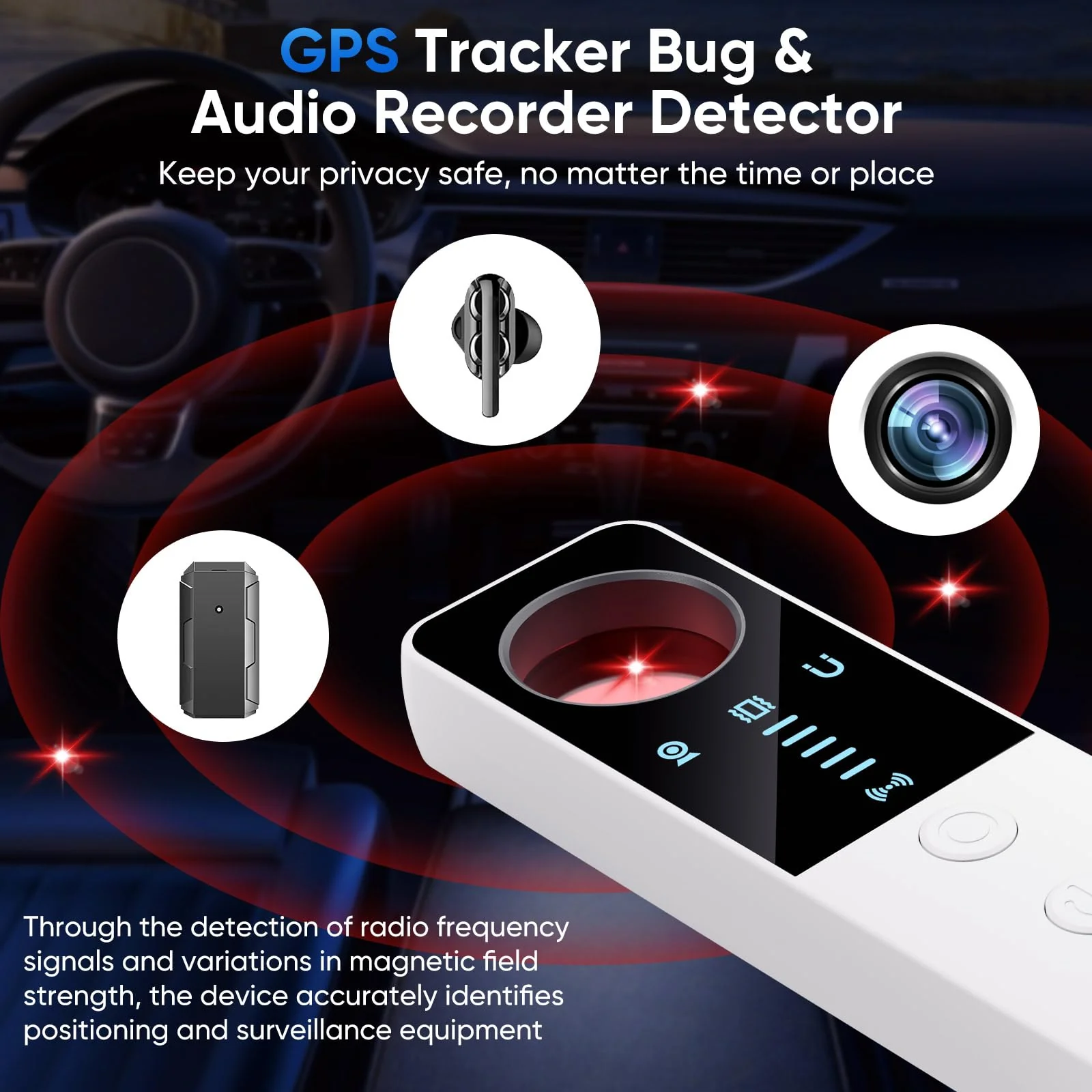 Hidden Camera Detector 2025 Anti-Spy Camera Finder with 5 Levels Sensitivity - GPS Tracker Detector - Bug Finder - Emergency Light for Home, Car, Hotel and Office - White - Image 5