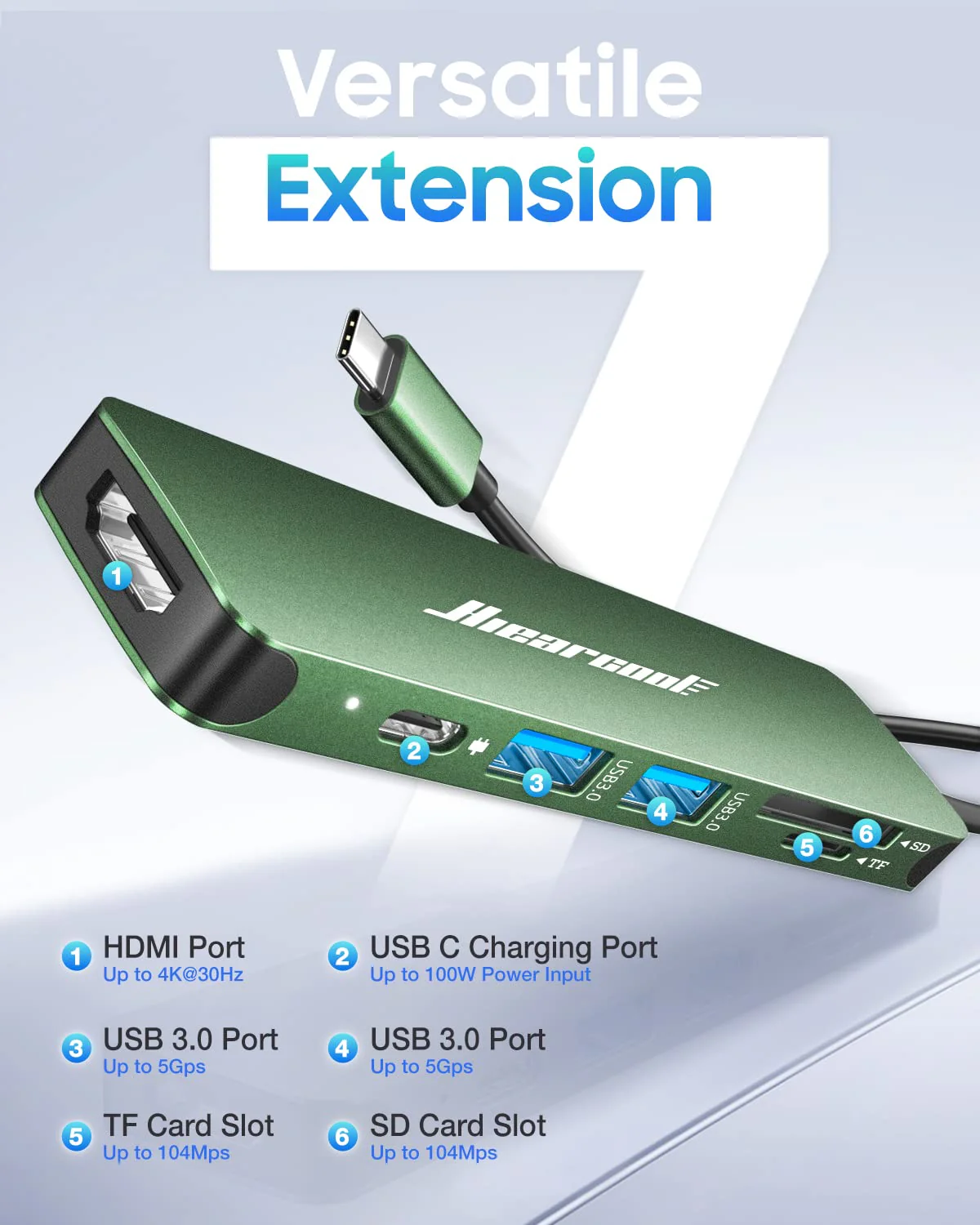 Hiearcool USB C Hub, USB C Adapter, 7 in 1 USB C Dongle USB-C to HDMI Multi-Port Adapter Compatible for Thunderbolt 3 4 MacBook Pro Air Dell Lenovo HP Laptops and Other Type C Devices-Green Green - Image 2