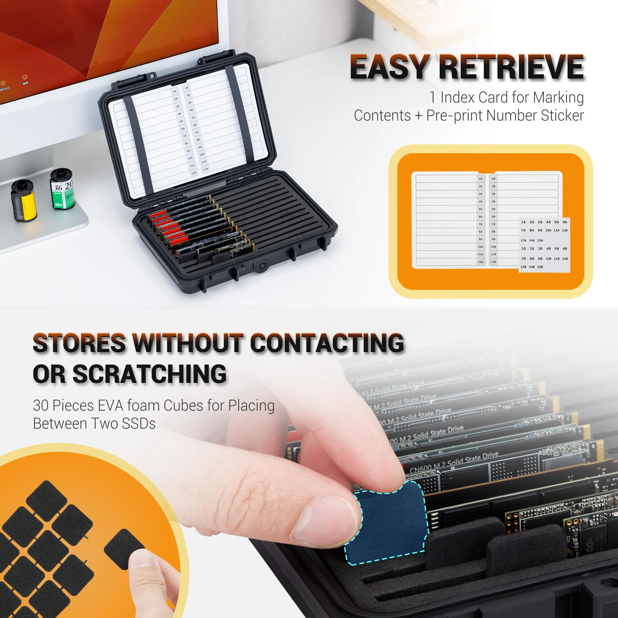 High Capacity 24 Slots M.2 2280 2260 2242 2240 2230 Case, Sturdy M.2 NVMe SSD Card Case with Label & Notepaper, Water-Resistant & Shockproof M.2 2280 SSD Holder Vertical Style M.2 Drive Organizer Box for 24 M.2 SSDs - Image 5