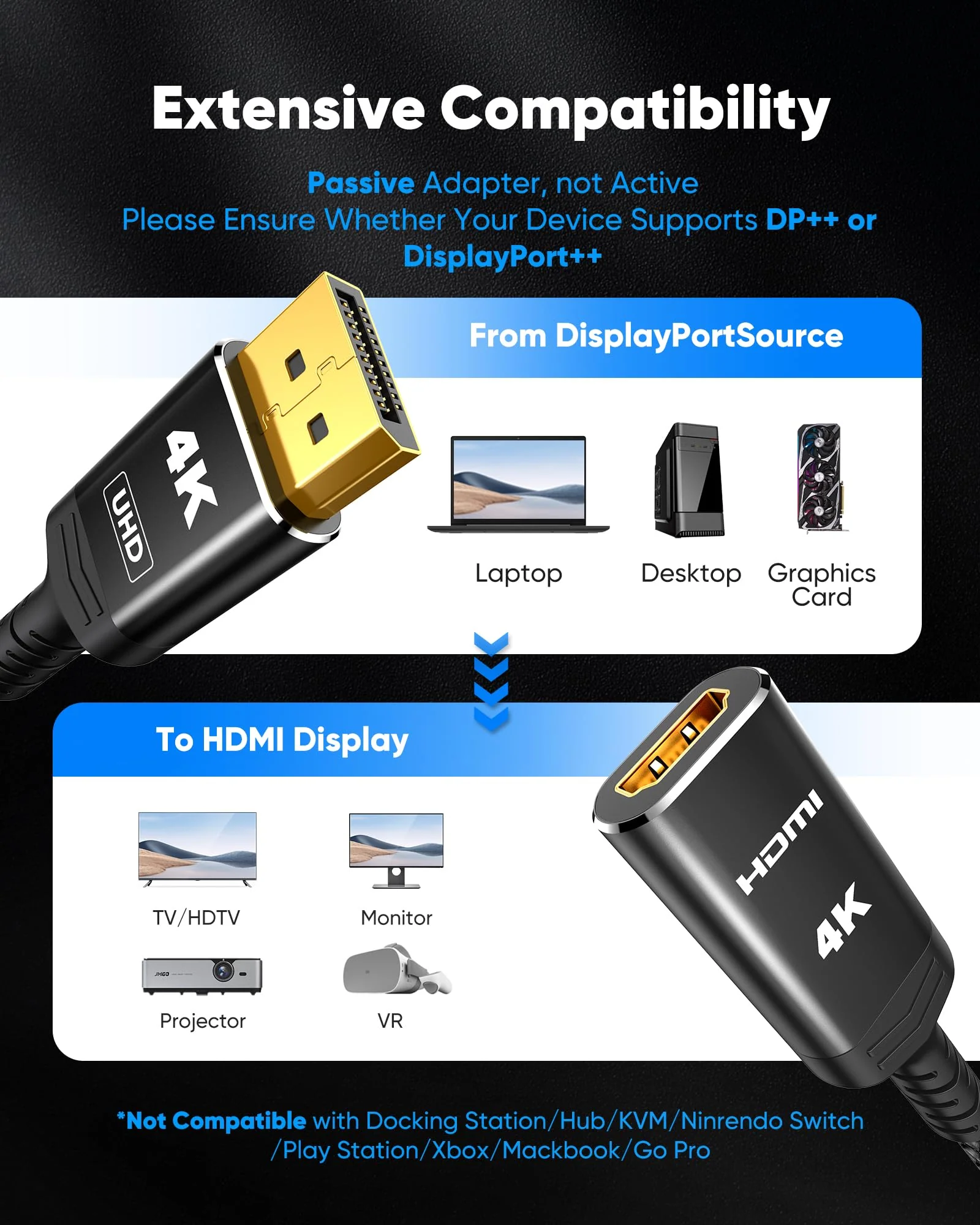 Highwings 4K DisplayPort to HDMI Adapter, Uni-Directional DP to HDMI Adapter Converter Cable Male to Female, HDMI Abapter Compatible with Laptop Desktop HDTV Monitor Projector, Black, Passive 4K-1 Pack - Image 7