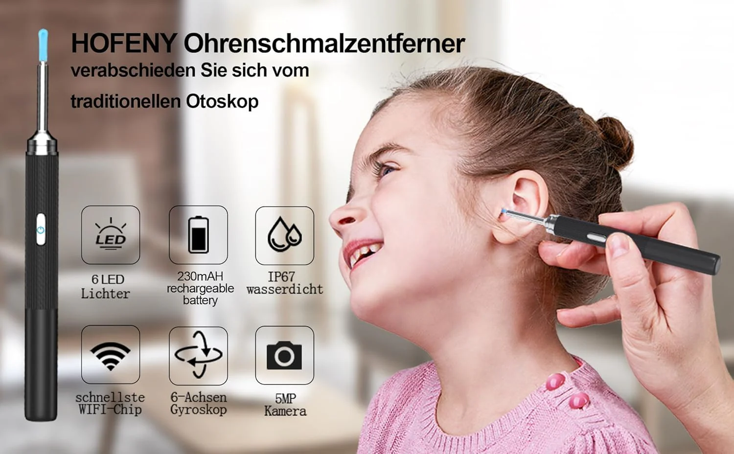 HOFENY Ear Wax Remover Otoscope, 5MP HD Ear Cleaner with 360° Wide Angle Ear Endoscope, WiFi Ear Cleaner Camera with 6 LEDs, Ear Endoscope Ear Cleaning Ear Mirror for Android/iOS/Harmony - Image 8