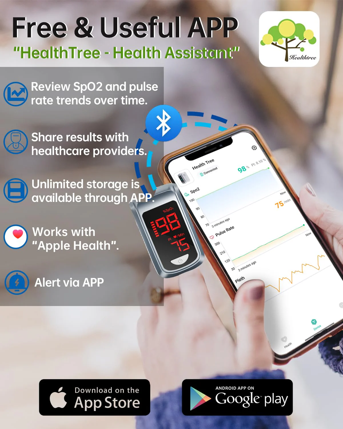 HOLFENRY Bluetooth Pulse Oximeter Finger Oximeter with App, Oxygen Saturation Meter Finger, Blood Oxygen Meter Finger for Heart Rate, Free App (Grey) gray - Image 4