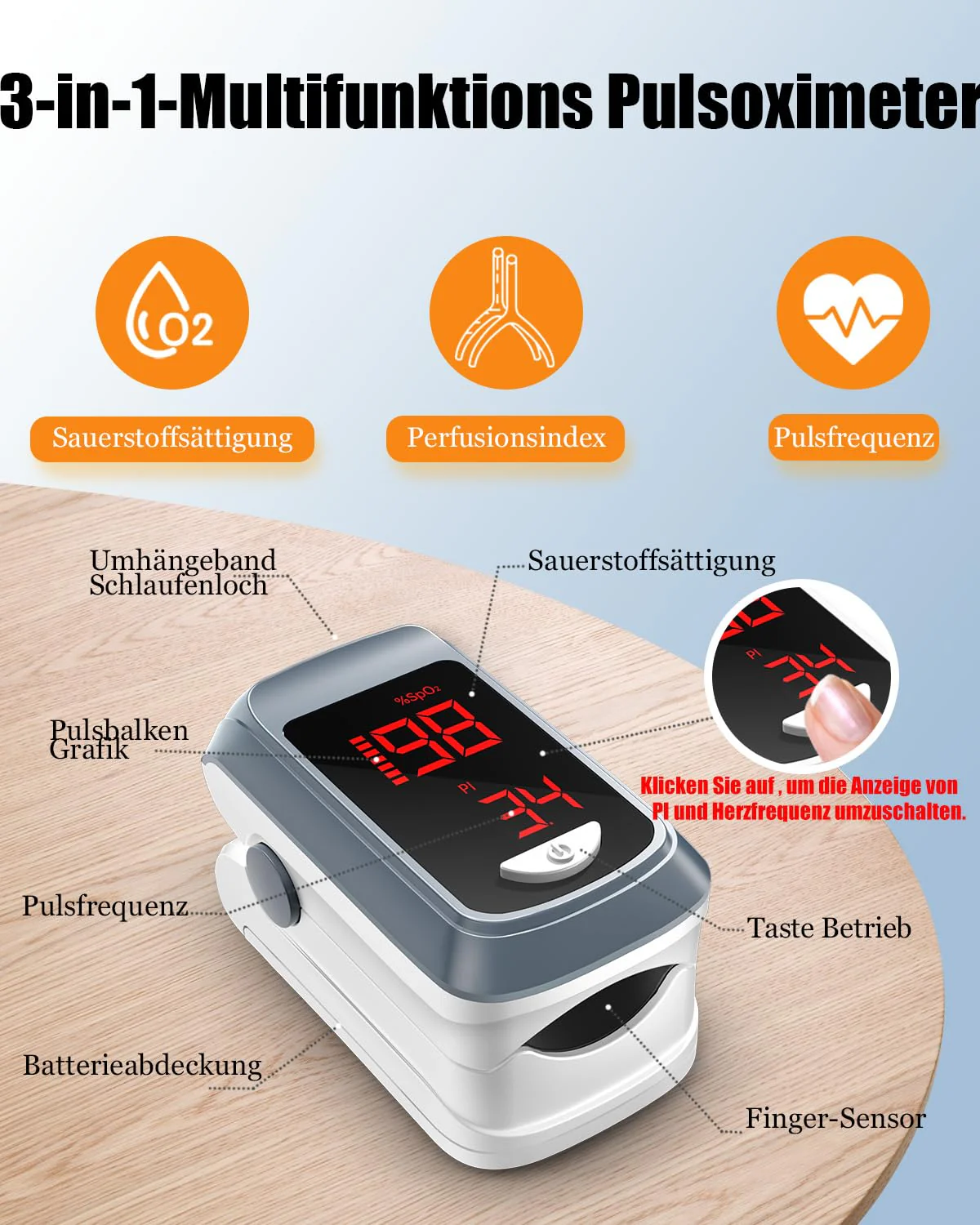 HOLFENRY Pulse Oximeter Oxygen Saturation Meter Finger Pulse Oximeter Finger Oximeter Pulse Monitor for Measuring SpO2, Pulse and Perfusion Index (PI) for Adults at Home or Outdoor Sports gray - Image 3