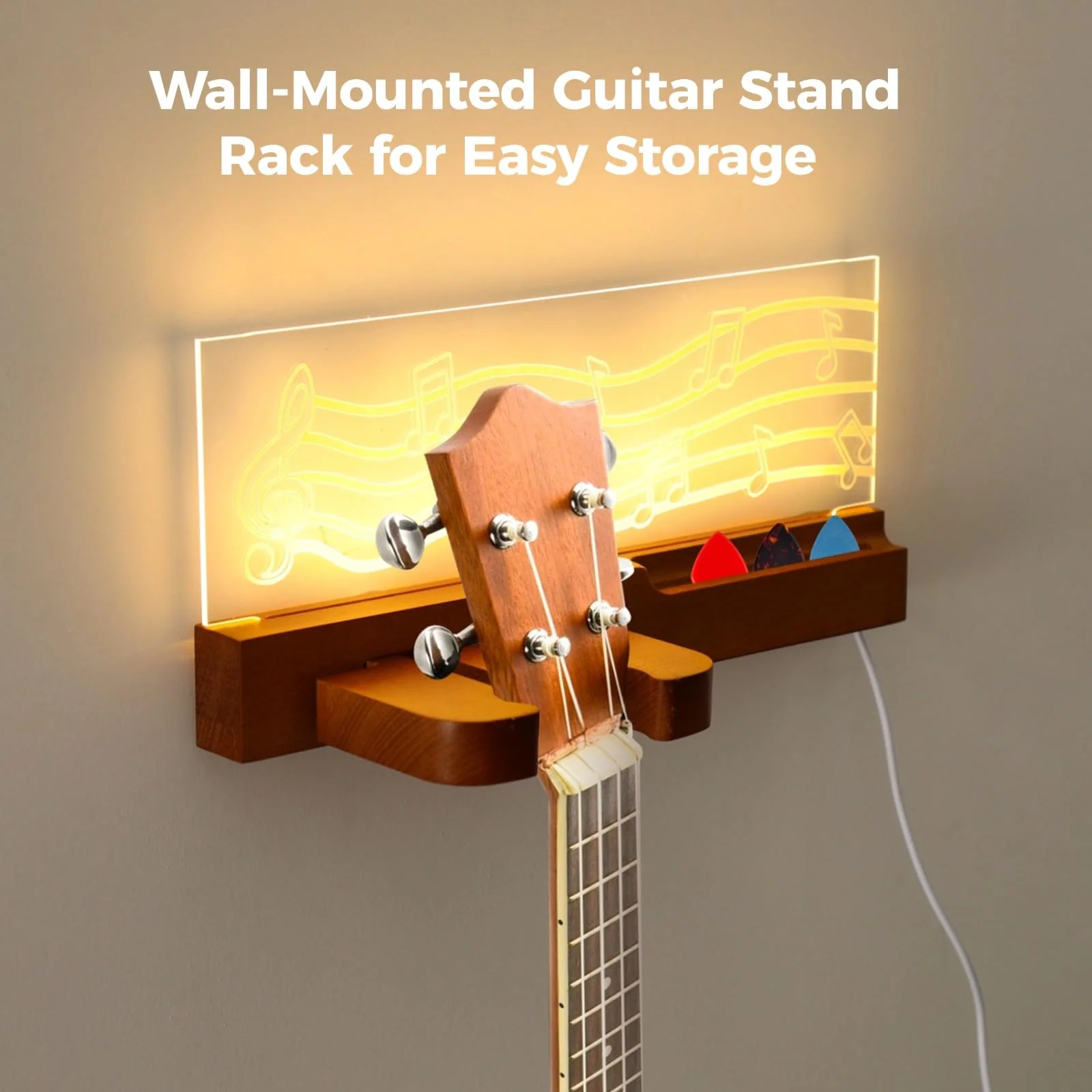 Homaisson Guitar Wall Mount Stand with LED Lights - Wooden Guitar Hanger Shelf with Pick Organizer for Acoustic Electric Guitar Bass, Music Gifts for Men Guitar Players Boyfriend - Image 2