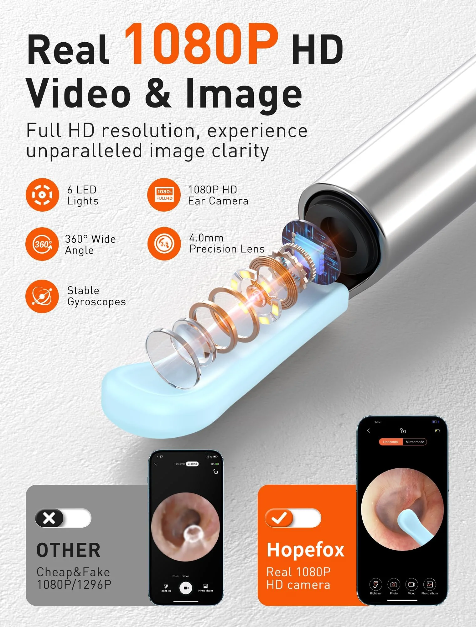 Hopefox Ear Wax Remover Otoscope, 1080P HD WiFi Ear Cleaner with Camera and 6 LEDs Lights, Ear Cleaning for Baby, Children, Adults 2-Black - Image 3