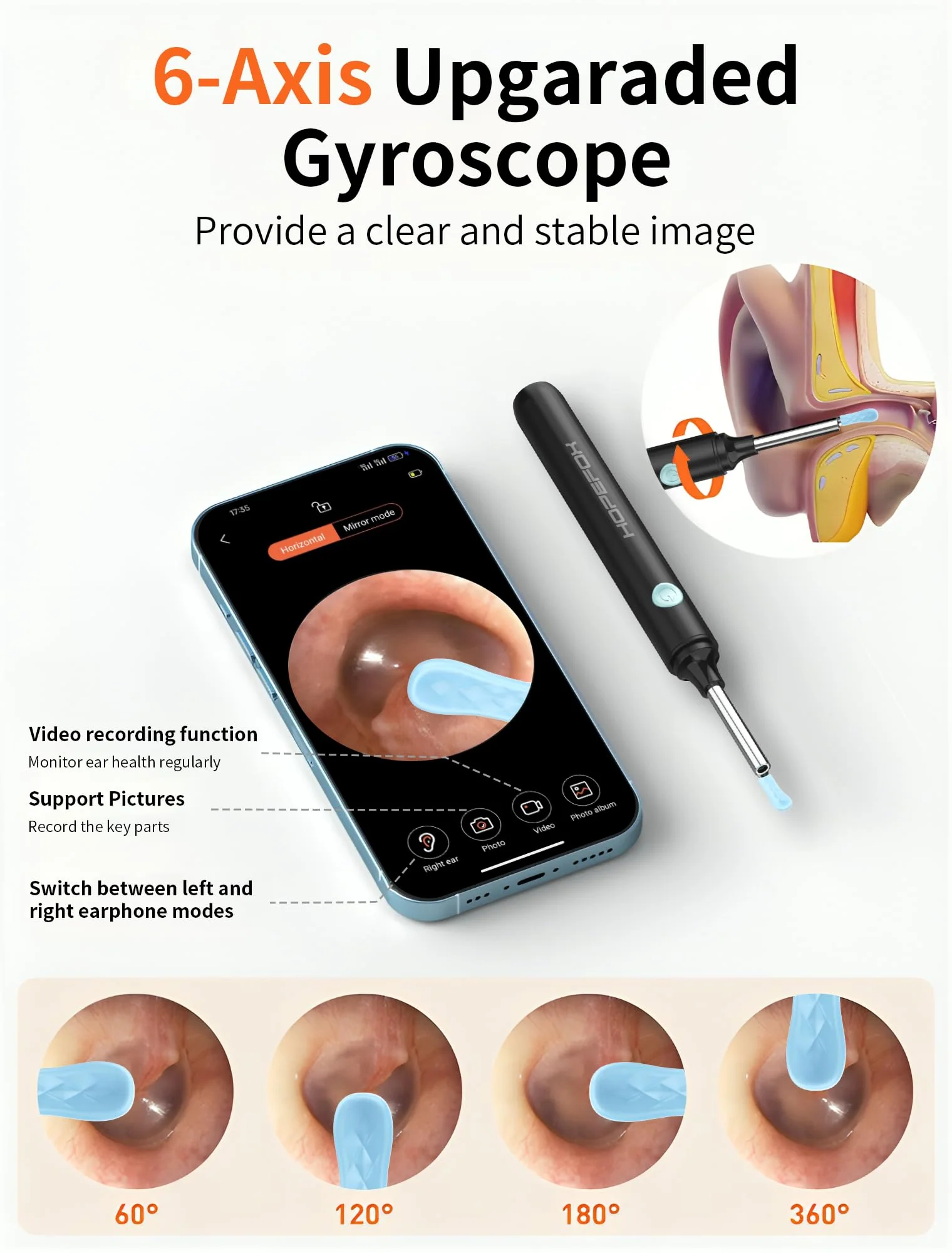Hopefox Ear Wax Remover Otoscope, 1080P HD WiFi Ear Cleaner with Camera and 6 LEDs Lights, Ear Cleaning for Baby, Children, Adults 2-Black - Image 6