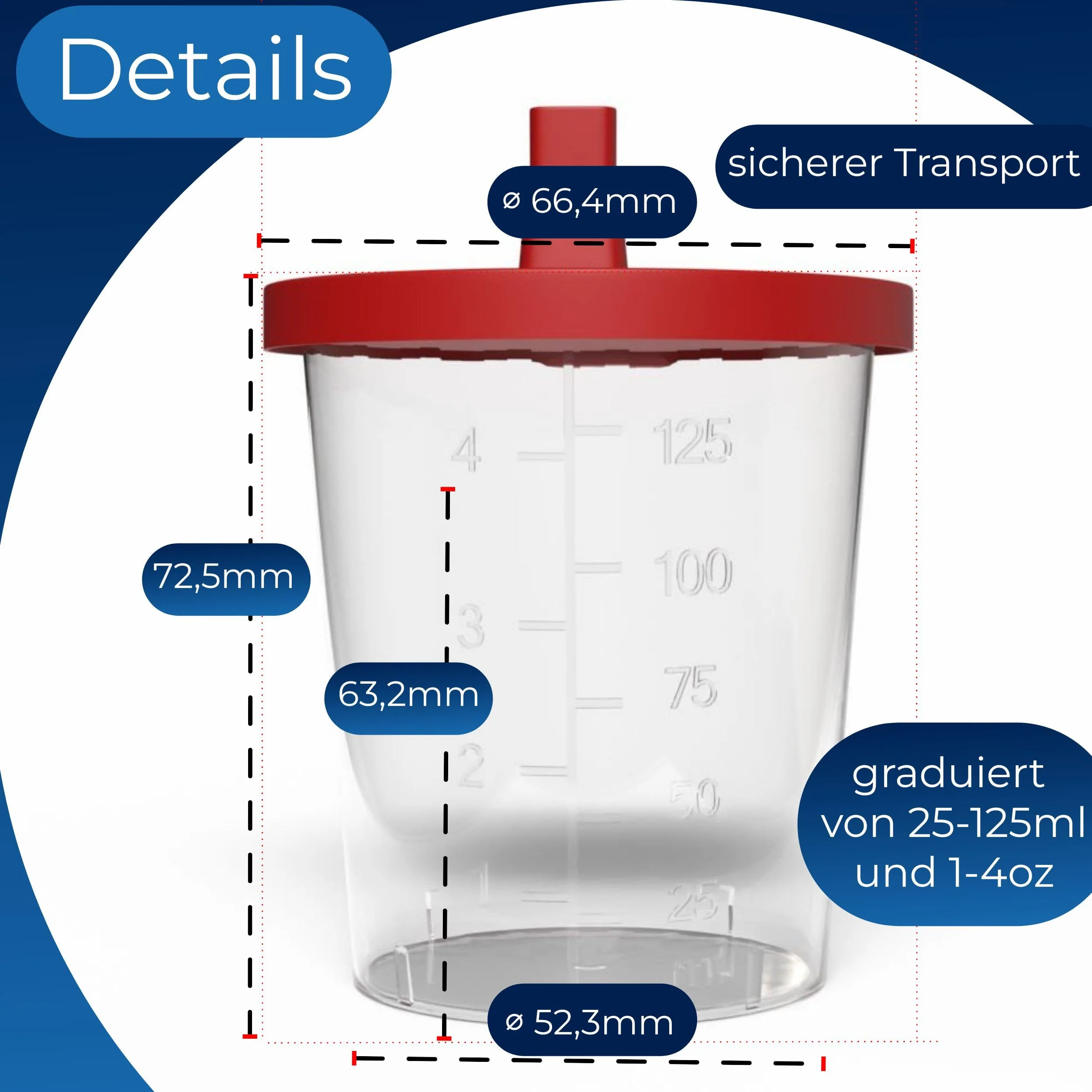 Horn Medical Urine Cup / Sample Cup with Snap Closure 150 ml Capacity, Size Chart up to 125 ml/4 oz, Can Be Written On (25) 25 - Image 5