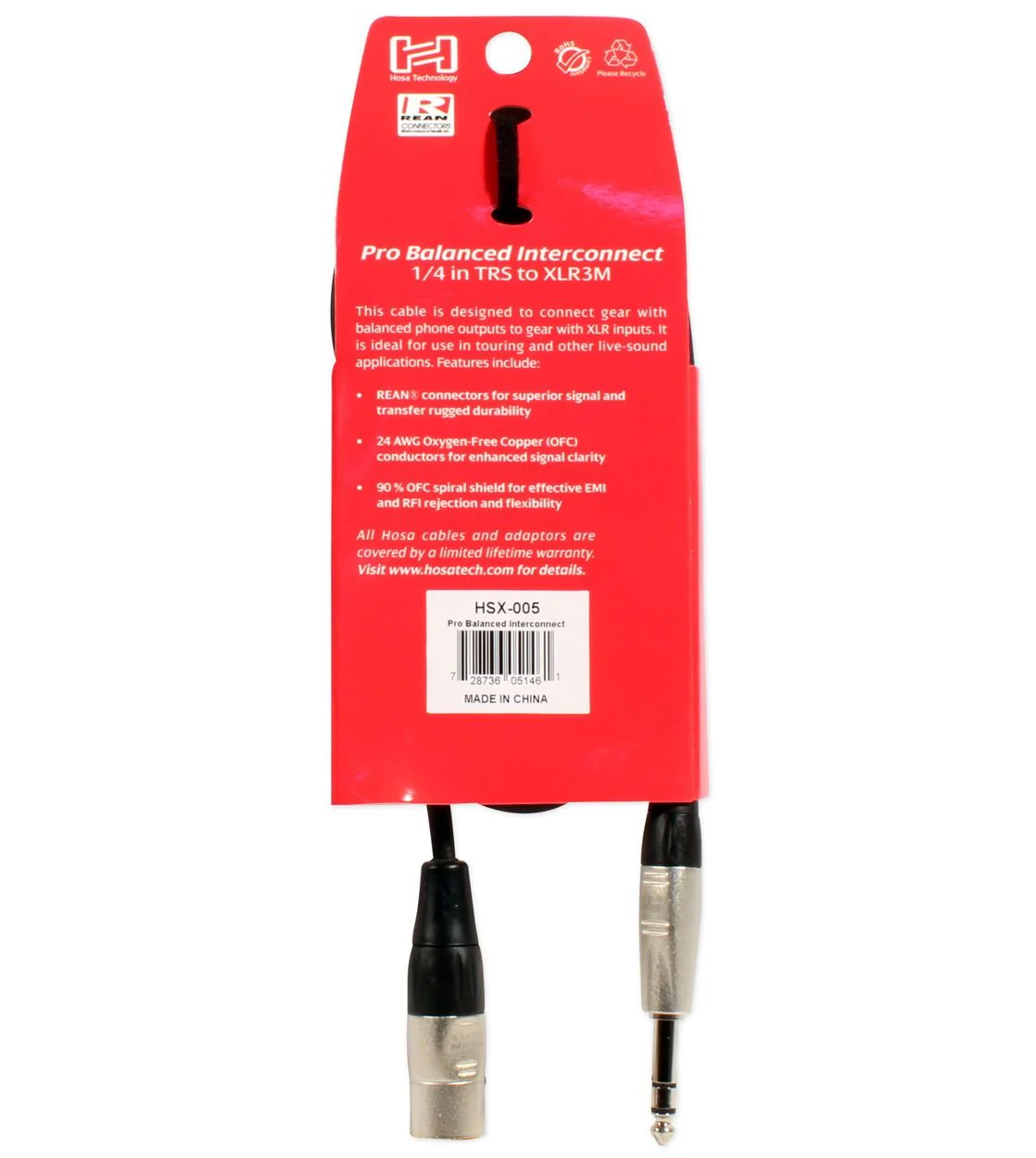 Hosa HSX-005 REAN 1/4" TRS to XLR3M Pro Balanced Interconnect Cable, 5 Feet - Image 5