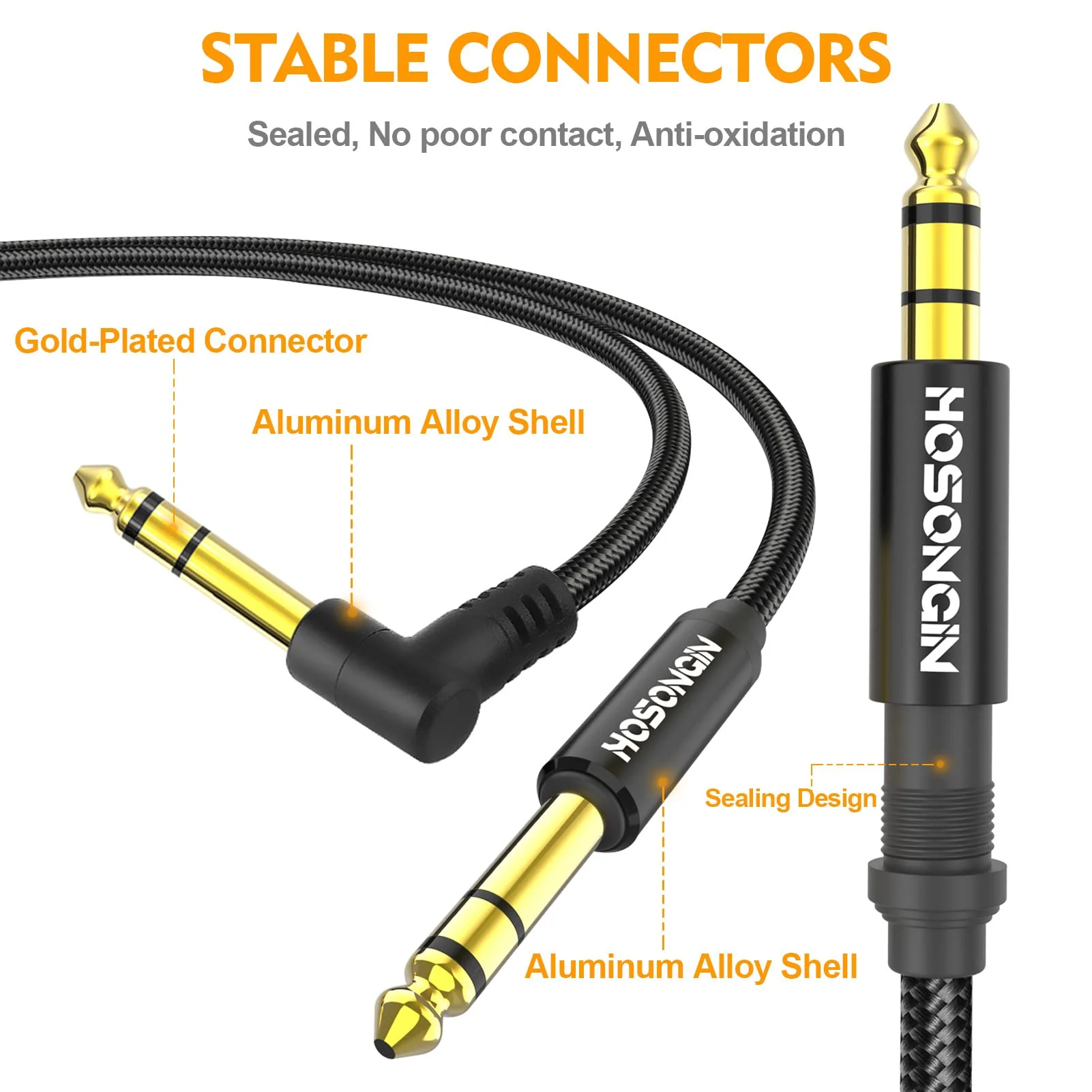 HOSONGIN 1/4 Inch TRS Instrument Cable 10 feet 2-Pack, Straight-to-Right Angle 6.35mm Male Stereo Audio Cord, Balanced Interconnect Line for Electric Guitar, Bass, Keyboard, Mixer, Amplifier, Speaker 1/4" TRS Stereo Cable - Image 5