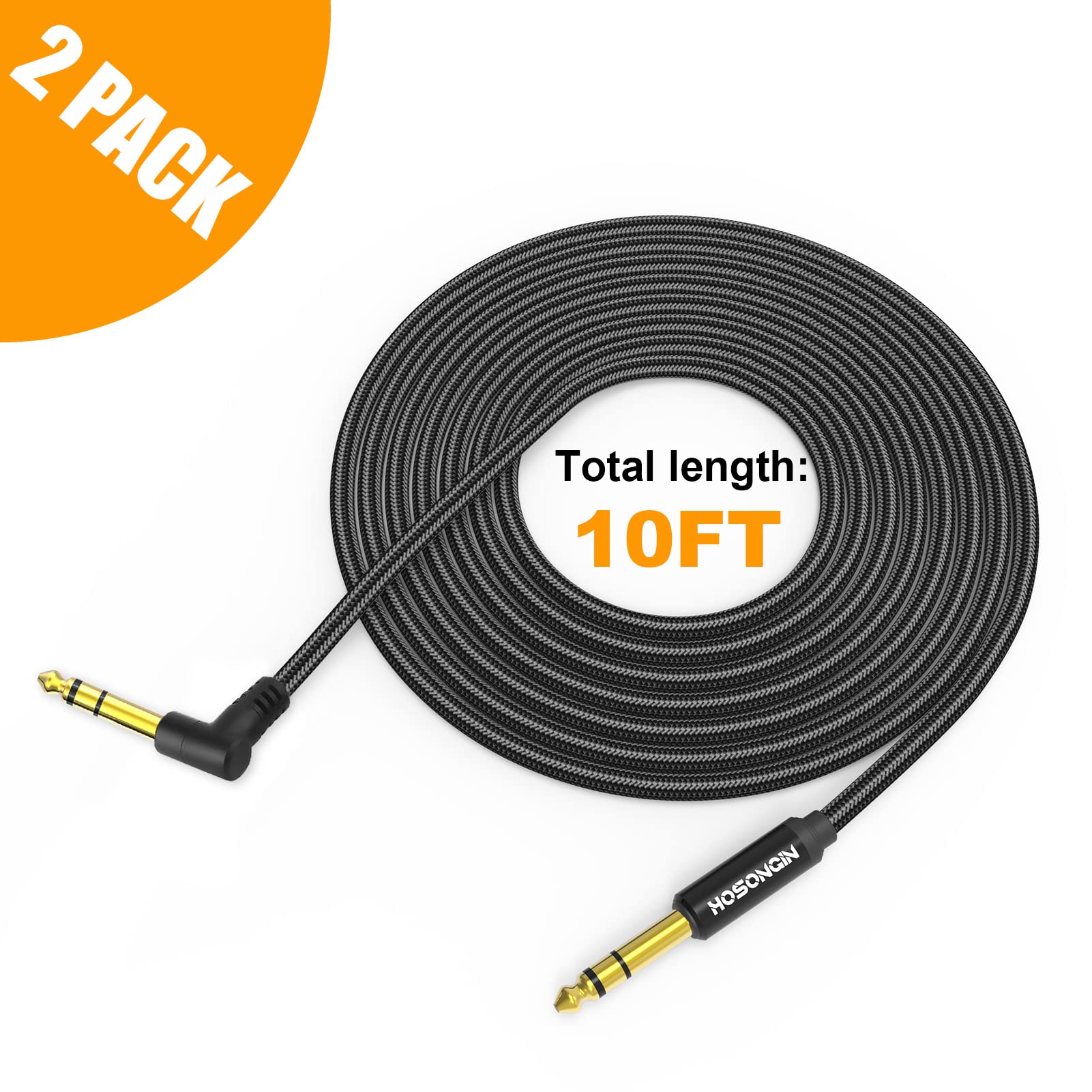 HOSONGIN 1/4 Inch TRS Instrument Cable 10 feet 2-Pack, Straight-to-Right Angle 6.35mm Male Stereo Audio Cord, Balanced Interconnect Line for Electric Guitar, Bass, Keyboard, Mixer, Amplifier, Speaker 1/4" TRS Stereo Cable - Image 7