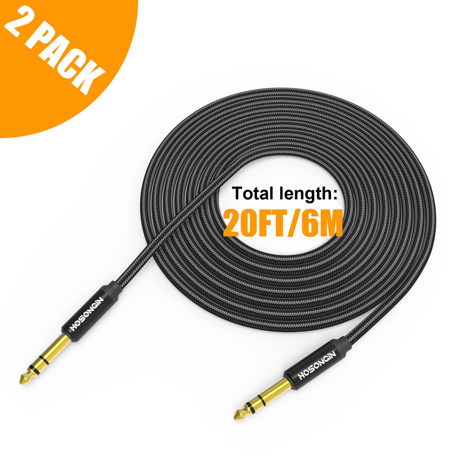 HOSONGIN 1/4 Inch TRS Instrument Cable 20ft 2-Pack [Nylon Braided Shielded], 1/4 Inch to 1/4 inch TRS Male to Male Plug Stereo Audio Cord, Quarter Inch 6.35mm Balanced Interconnect Line - 20 feet 1/4" TRS Cable - 2 Pack - Image 7