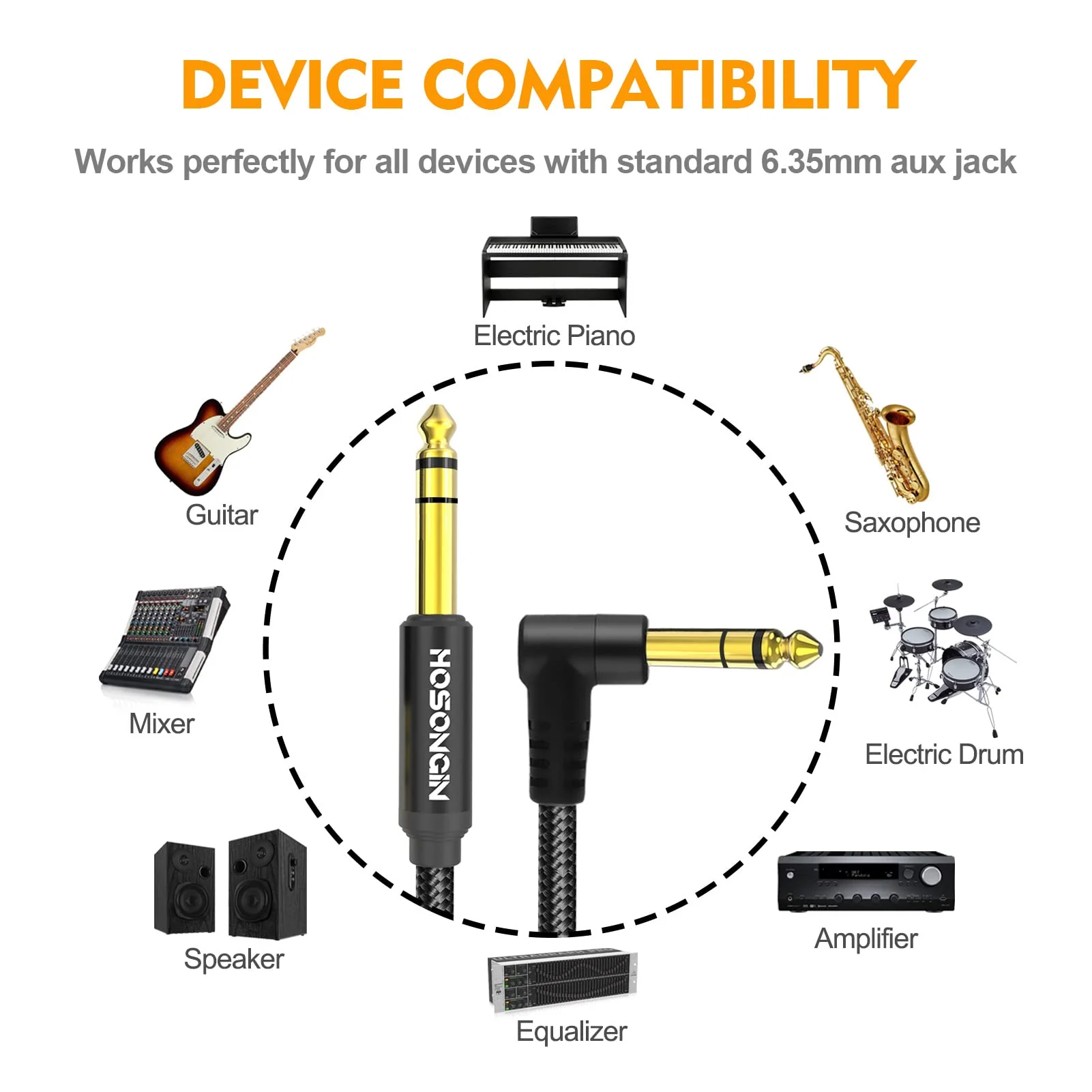 HOSONGIN 1/4 Inch TRS Instrument Cable 3.3 feet 2-Pack, Straight-to-Right Angle 6.35mm Male Stereo Audio Cord, Balanced Interconnect Line for Electric Guitar, Bass, Keyboard, Mixer, Amplifier, Speaker 1/4" TRS Stereo Cable - Image 3