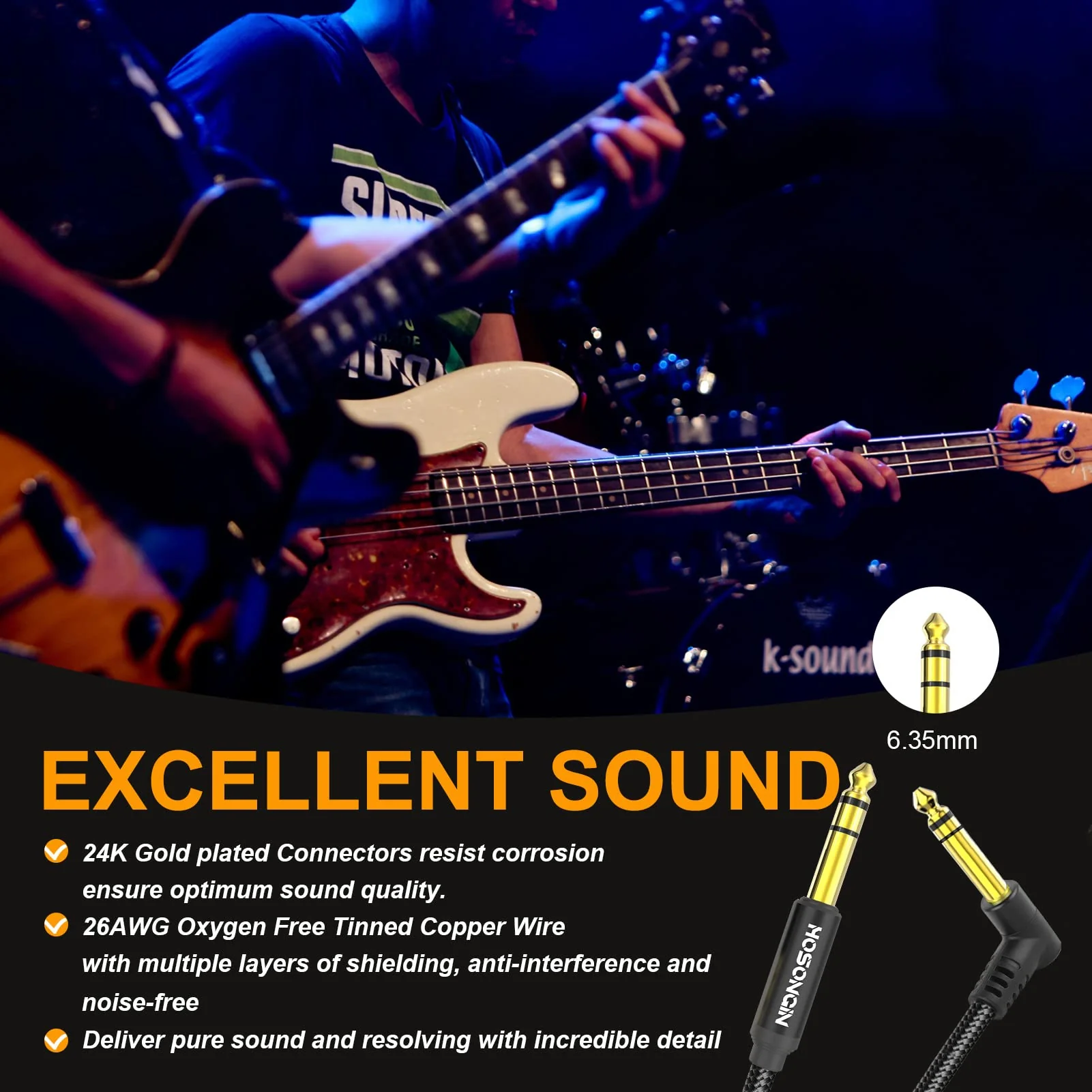 HOSONGIN 1/4 Inch TRS Instrument Cable 3.3 feet 2-Pack, Straight-to-Right Angle 6.35mm Male Stereo Audio Cord, Balanced Interconnect Line for Electric Guitar, Bass, Keyboard, Mixer, Amplifier, Speaker 1/4" TRS Stereo Cable - Image 6