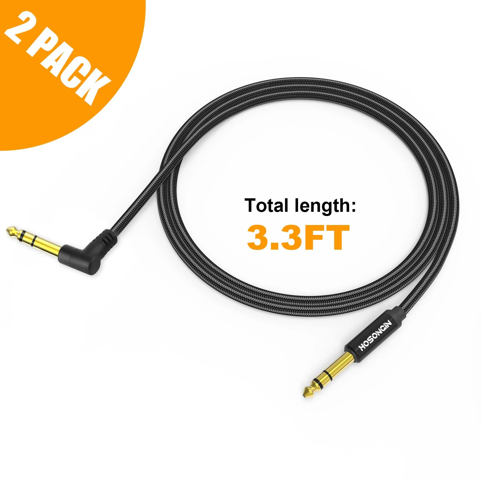 HOSONGIN 1/4 Inch TRS Instrument Cable 3.3 feet 2-Pack, Straight-to-Right Angle 6.35mm Male Stereo Audio Cord, Balanced Interconnect Line for Electric Guitar, Bass, Keyboard, Mixer, Amplifier, Speaker 1/4" TRS Stereo Cable - Image 7