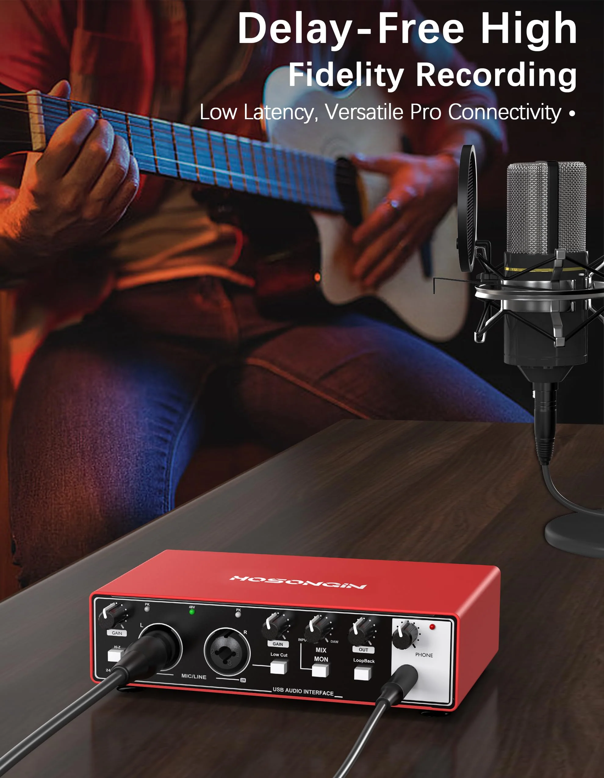 HOSONGIN 2i2 USB Audio Interface for Beginners - 24Bit/192kHz, 48V Phantom Power, Plug & Play Recording for Podcast/Vocals/Guitar/Youtube, PC/Mac/iOS Compatible (Red Metal) H-A002 - Image 3