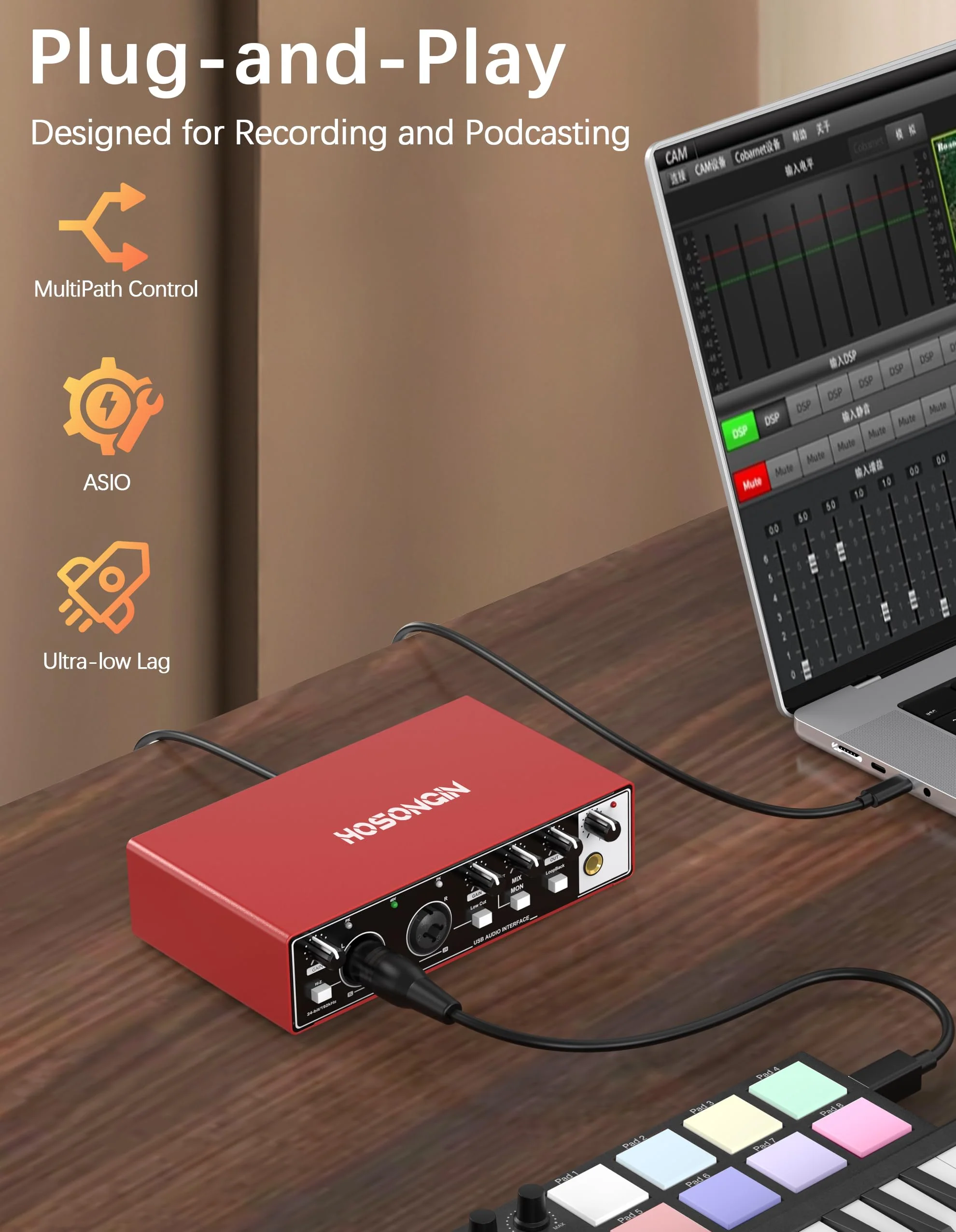 HOSONGIN 2i2 USB Audio Interface for Beginners - 24Bit/192kHz, 48V Phantom Power, Plug & Play Recording for Podcast/Vocals/Guitar/Youtube, PC/Mac/iOS Compatible (Red Metal) H-A002 - Image 4
