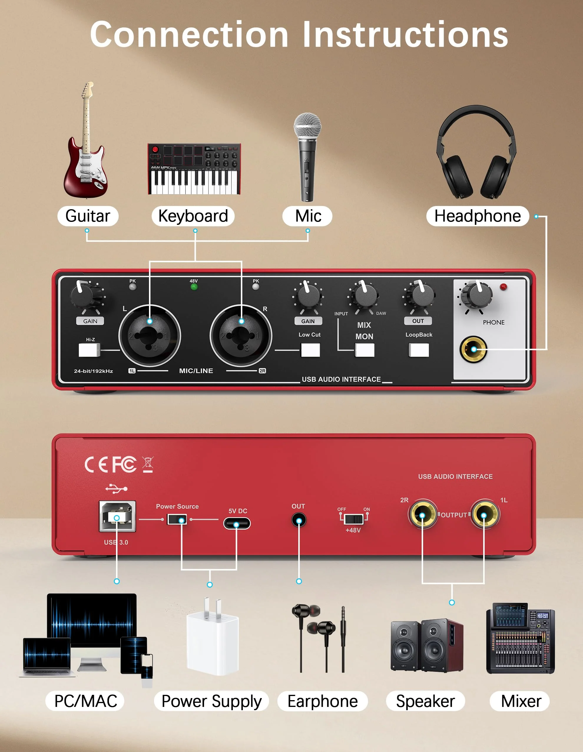 HOSONGIN 2i2 USB Audio Interface for Beginners - 24Bit/192kHz, 48V Phantom Power, Plug & Play Recording for Podcast/Vocals/Guitar/Youtube, PC/Mac/iOS Compatible (Red Metal) H-A002 - Image 6