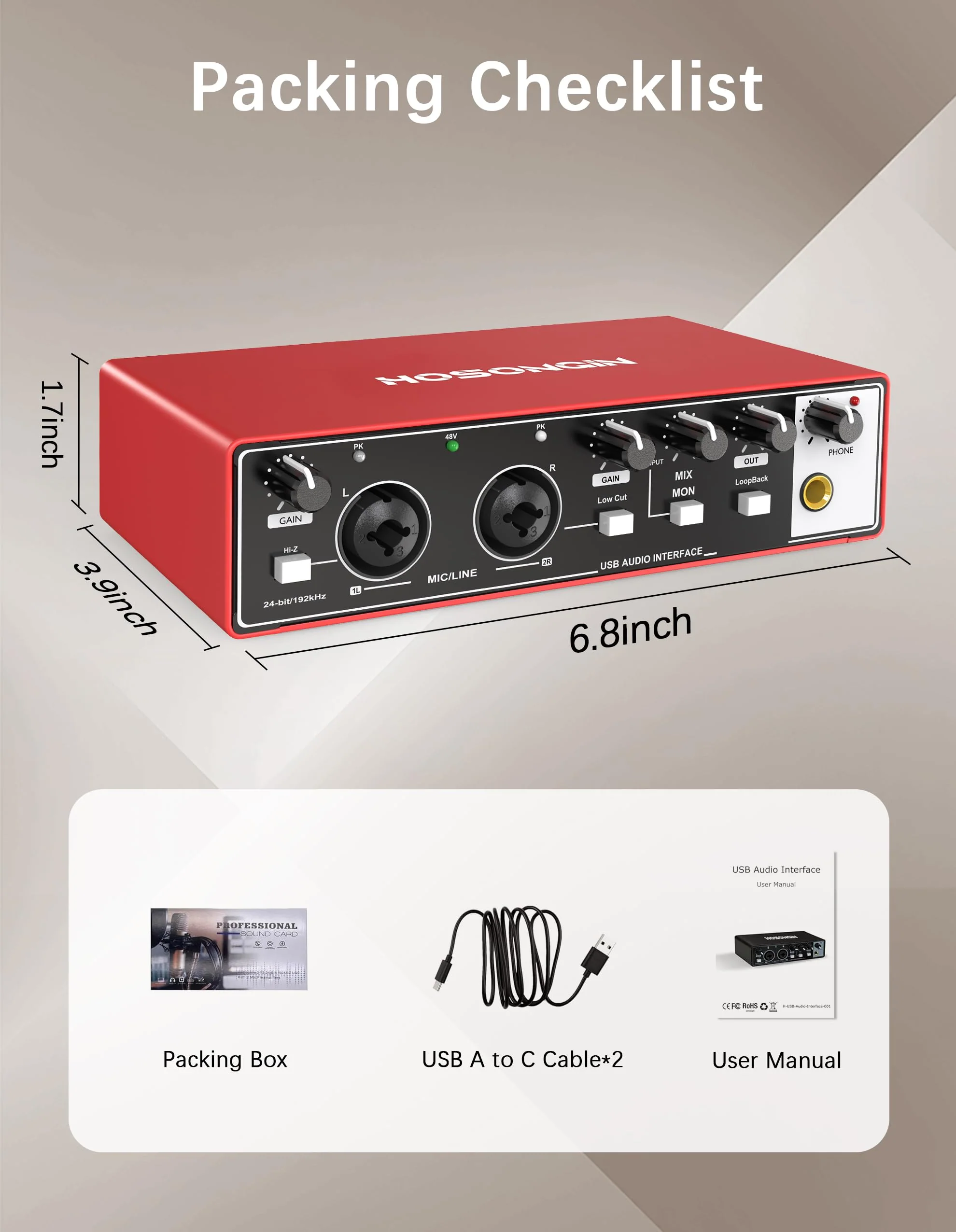 HOSONGIN 2i2 USB Audio Interface for Beginners - 24Bit/192kHz, 48V Phantom Power, Plug & Play Recording for Podcast/Vocals/Guitar/Youtube, PC/Mac/iOS Compatible (Red Metal) H-A002 - Image 7