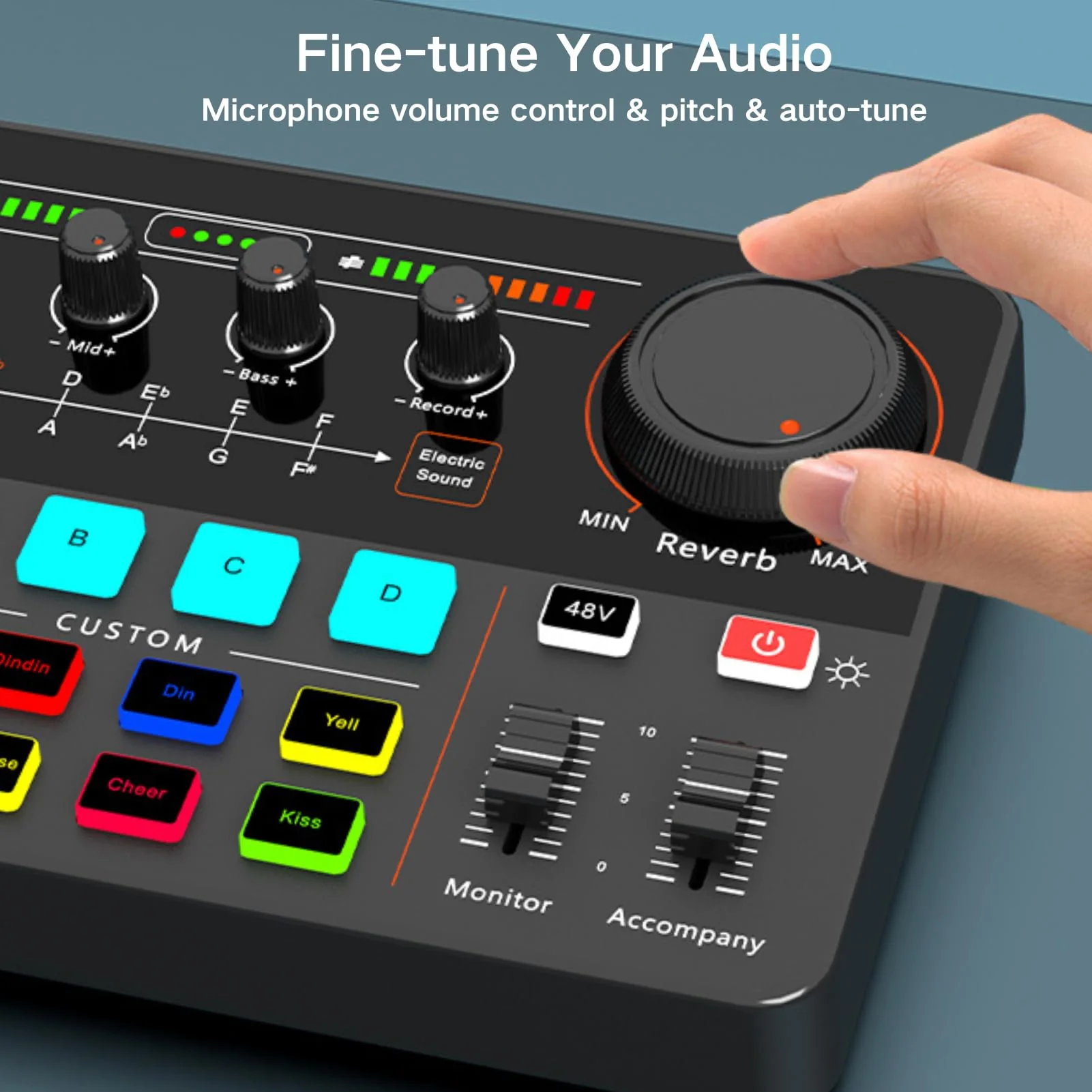 HOSONGIN Audio Interface for Beginners - Streaming Podcast Mixer with Pro-preamp, 48V Phantom Power, Voice Changer, Customizable Sound Effects, Noise Reduction for Podcasting, Gaming, Recording Sound-Card-P300 - Image 5
