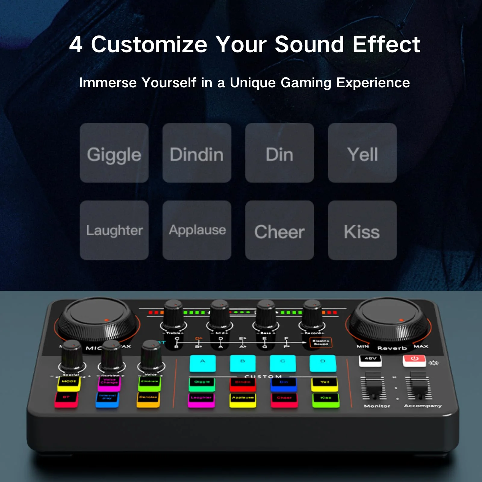 HOSONGIN Audio Interface for Beginners - Streaming Podcast Mixer with Pro-preamp, 48V Phantom Power, Voice Changer, Customizable Sound Effects, Noise Reduction for Podcasting, Gaming, Recording Sound-Card-P300 - Image 6