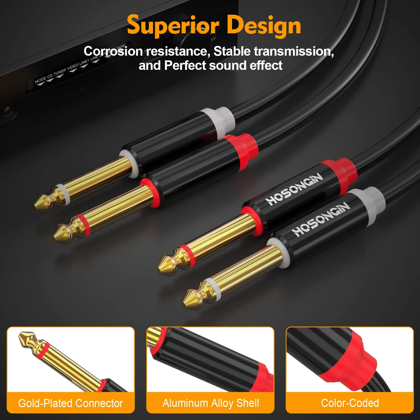 HOSONGIN Dual 1/4 inch TS to Dual 1/4 inch TS Stereo Interconnect Insert Cable for Amplifer Mixer, 20 Feet, PVC Jacket-Gold Plated Plug-Double Shielding - Image 3