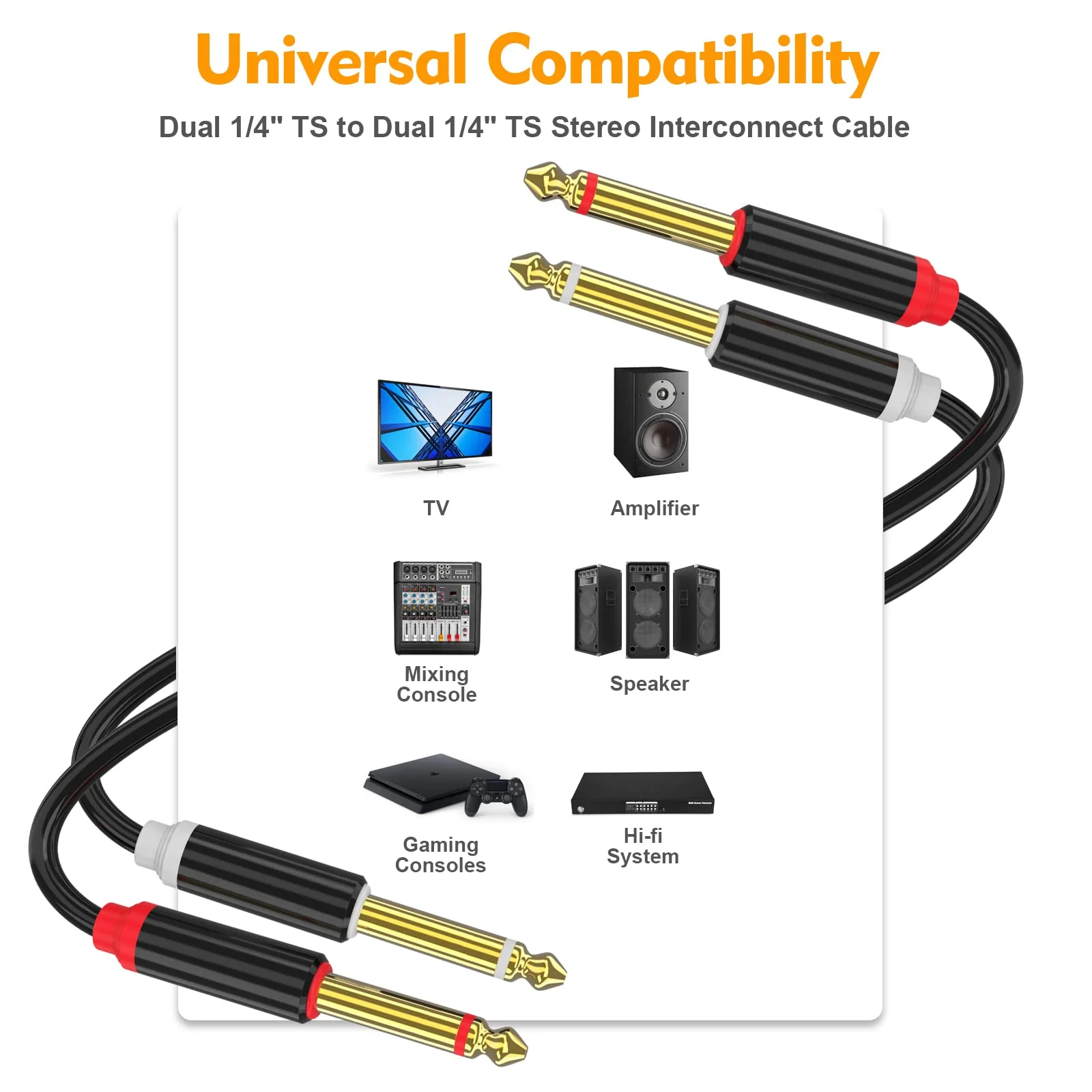 HOSONGIN Dual 1/4 inch TS to Dual 1/4 inch TS Stereo Interconnect Insert Cable, PVC Jacket Gold-Plated Plug Double Shielding Cable, 3.3 Feet - Image 2