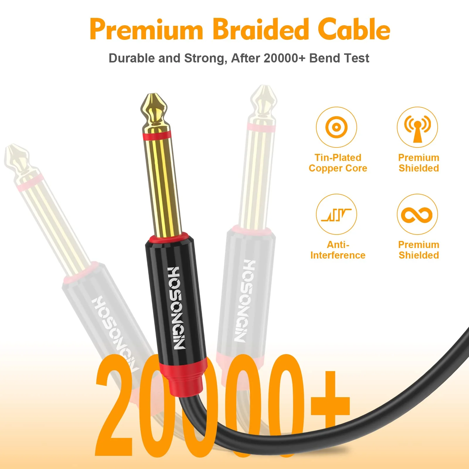 HOSONGIN Dual 1/4 inch TS to Dual 1/4 inch TS Stereo Interconnect Insert Cable, PVC Jacket Gold-Plated Plug Double Shielding Cable, 3.3 Feet - Image 4