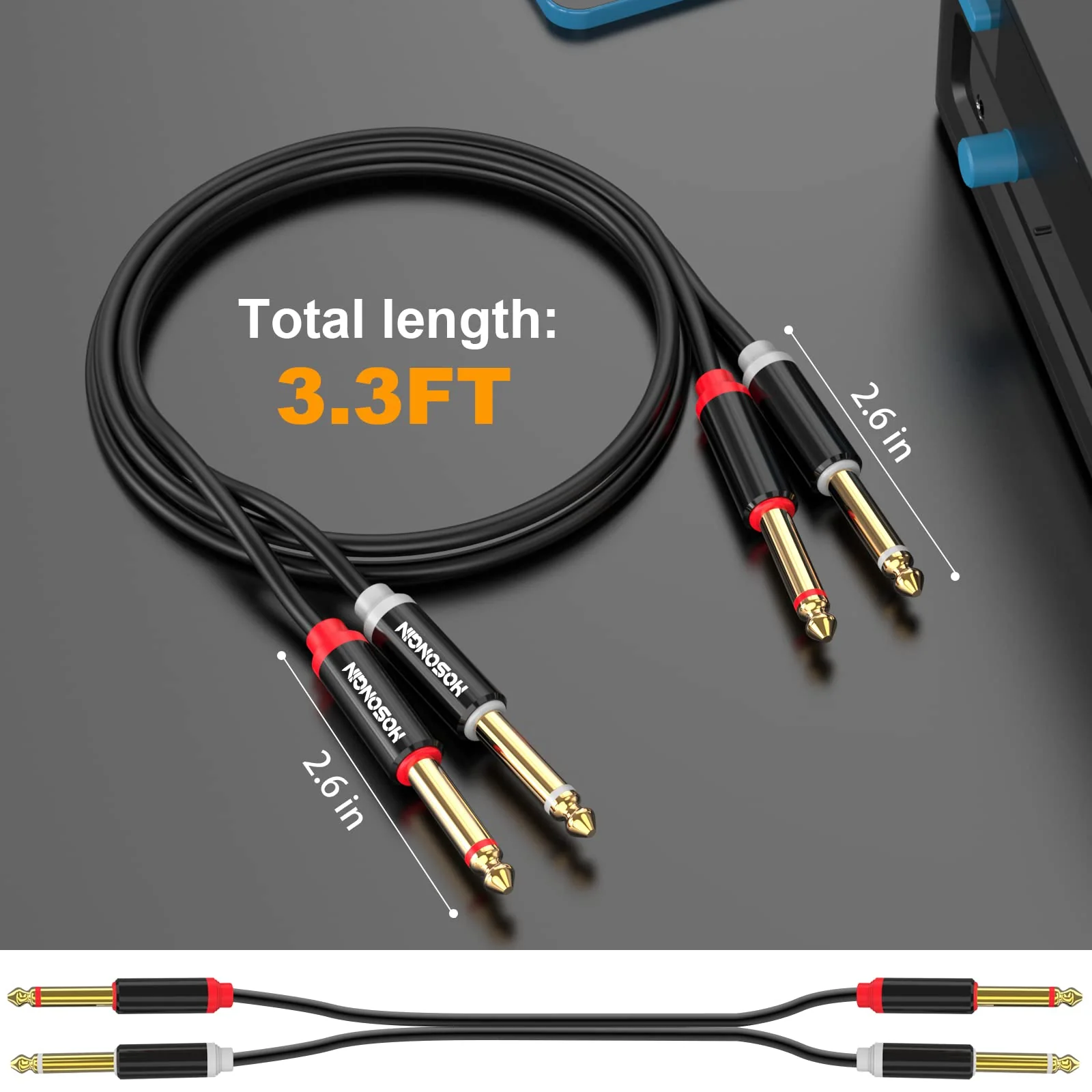 HOSONGIN Dual 1/4 inch TS to Dual 1/4 inch TS Stereo Interconnect Insert Cable, PVC Jacket Gold-Plated Plug Double Shielding Cable, 3.3 Feet - Image 6
