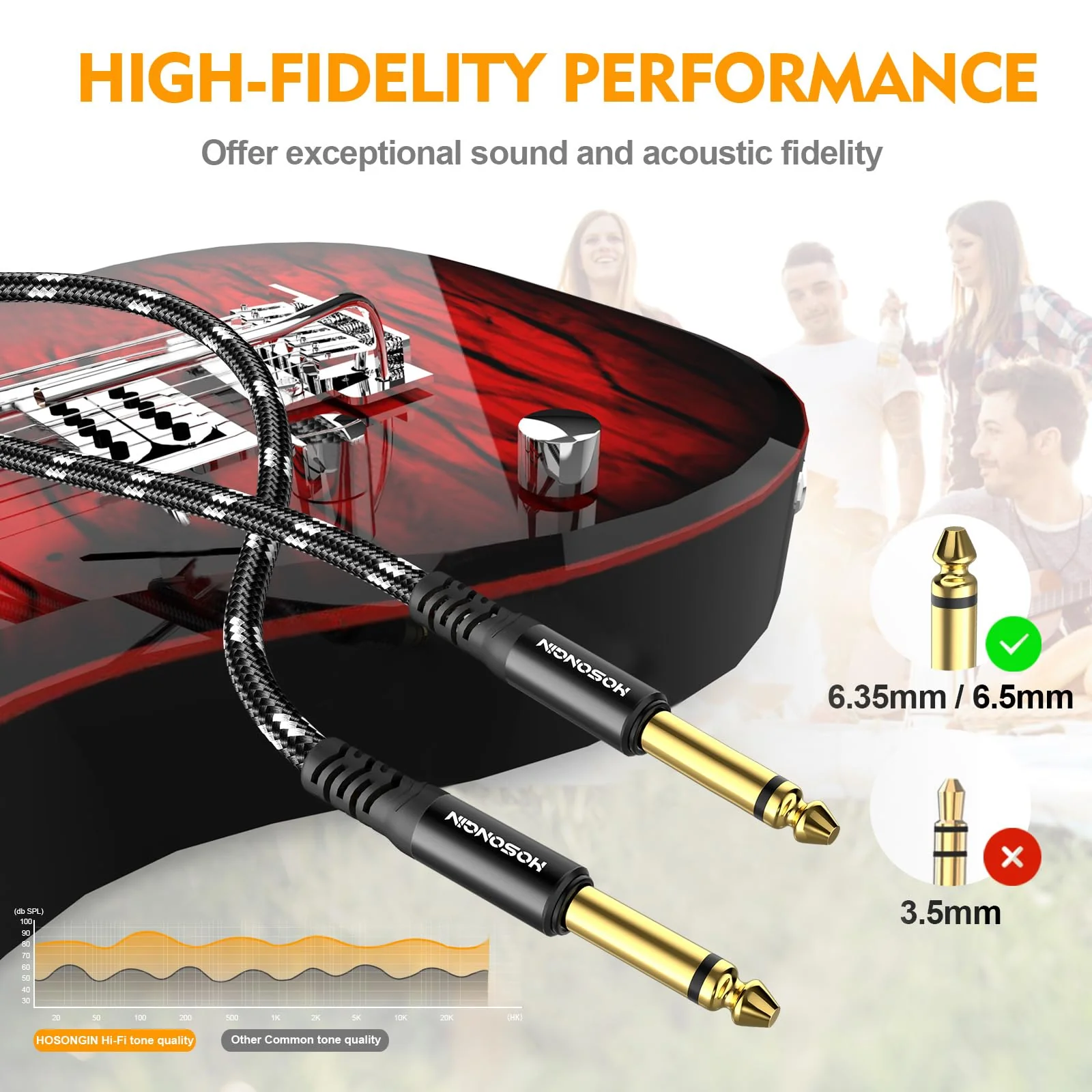 HOSONGIN Guitar Cable 2 Pack 10ft - 1/4 Inch Electric Instrument Cable Bass AMP Cord for Electric Guitar, Bass Guitar, Electric Mandolin, Pro Audio - Black/White Braided Tweed, 24K Gold Plated Plug 10 Feet 1/4" TS Mono Guitar Cable - Image 2