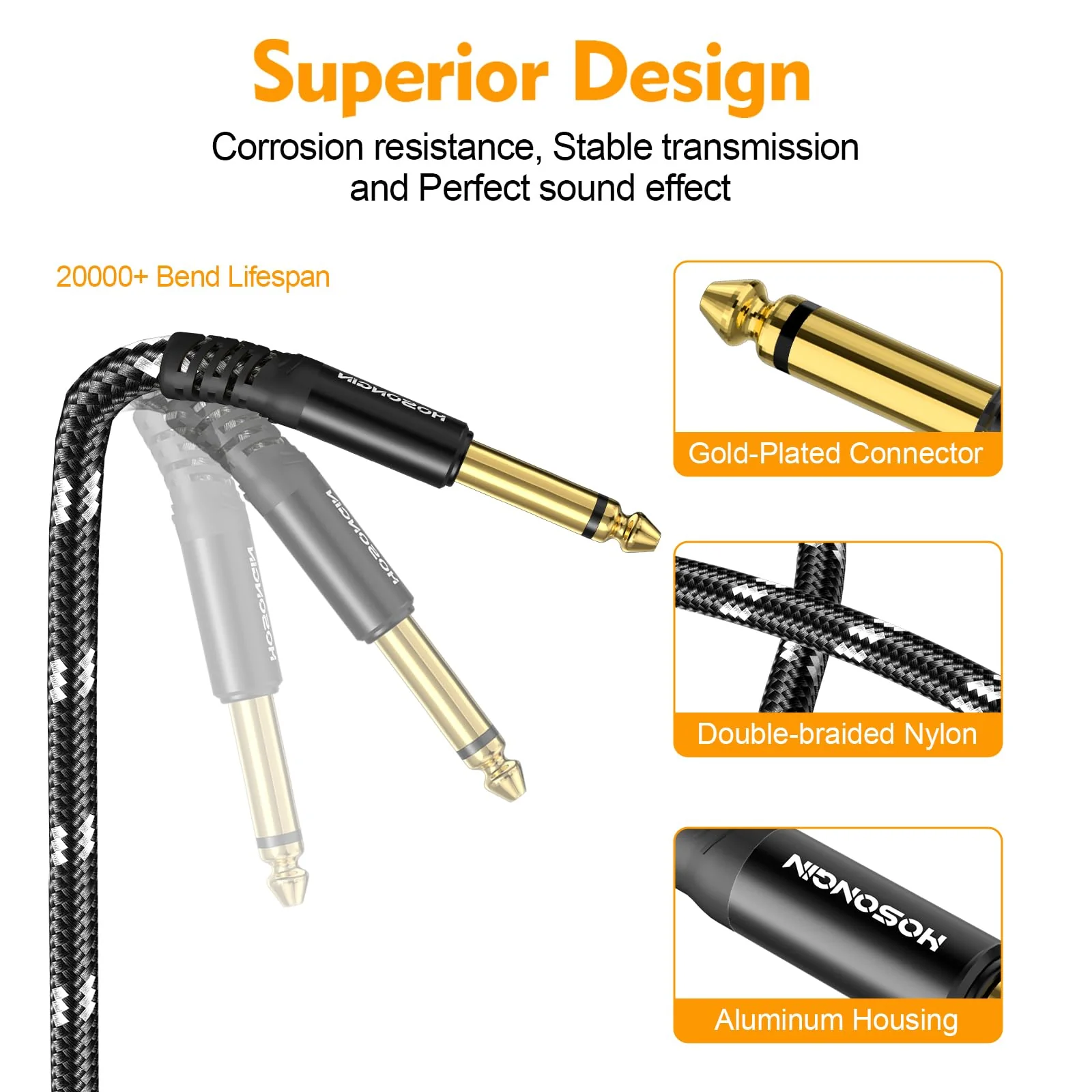 HOSONGIN Guitar Cable 2 Pack 10ft - 1/4 Inch Electric Instrument Cable Bass AMP Cord for Electric Guitar, Bass Guitar, Electric Mandolin, Pro Audio - Black/White Braided Tweed, 24K Gold Plated Plug 10 Feet 1/4" TS Mono Guitar Cable - Image 4