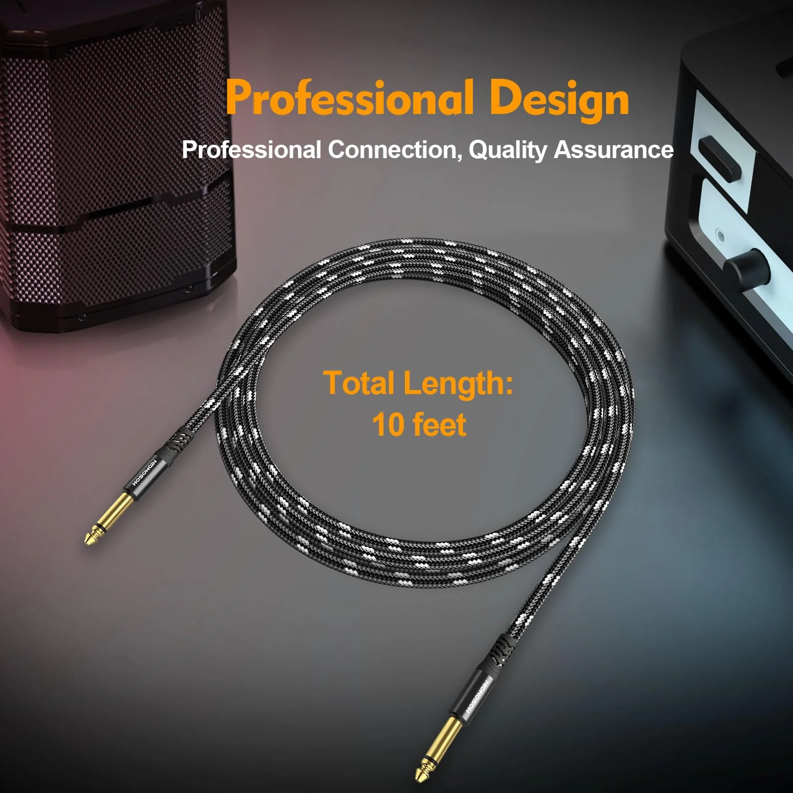 HOSONGIN Guitar Cable 2 Pack 10ft - 1/4 Inch Electric Instrument Cable Bass AMP Cord for Electric Guitar, Bass Guitar, Electric Mandolin, Pro Audio - Black/White Braided Tweed, 24K Gold Plated Plug 10 Feet 1/4" TS Mono Guitar Cable - Image 6