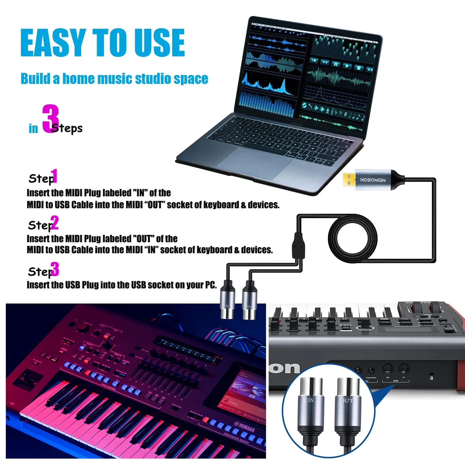 HOSONGIN MIDI to USB Cable 6 Feet, USB to 5-PIN MIDI Interface Adapter Connecting with Keyboard Synthesizer Drum for Editing Recording 5PIN-MIDI to USB - Image 2