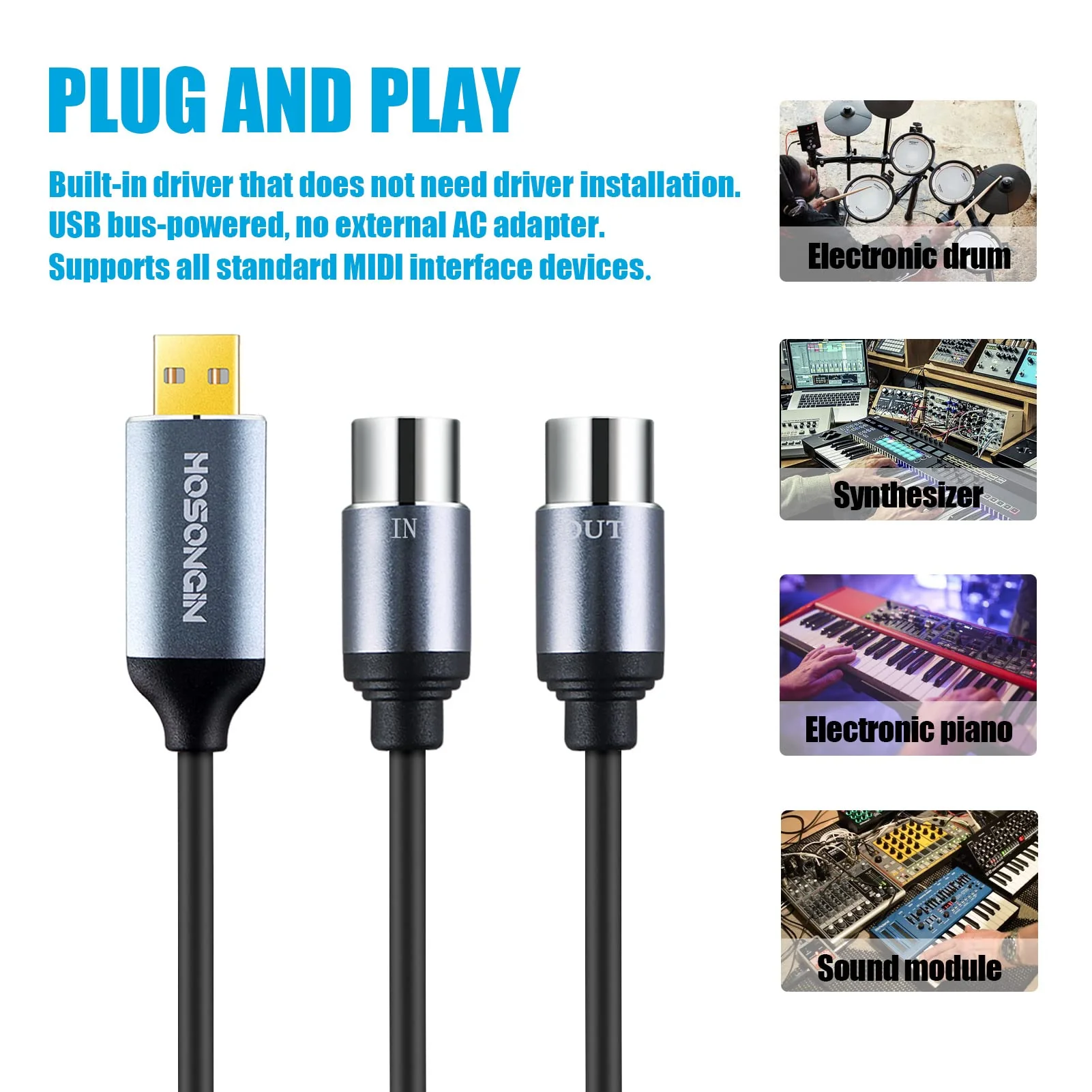 HOSONGIN MIDI to USB Cable 6 Feet, USB to 5-PIN MIDI Interface Adapter Connecting with Keyboard Synthesizer Drum for Editing Recording 5PIN-MIDI to USB - Image 3