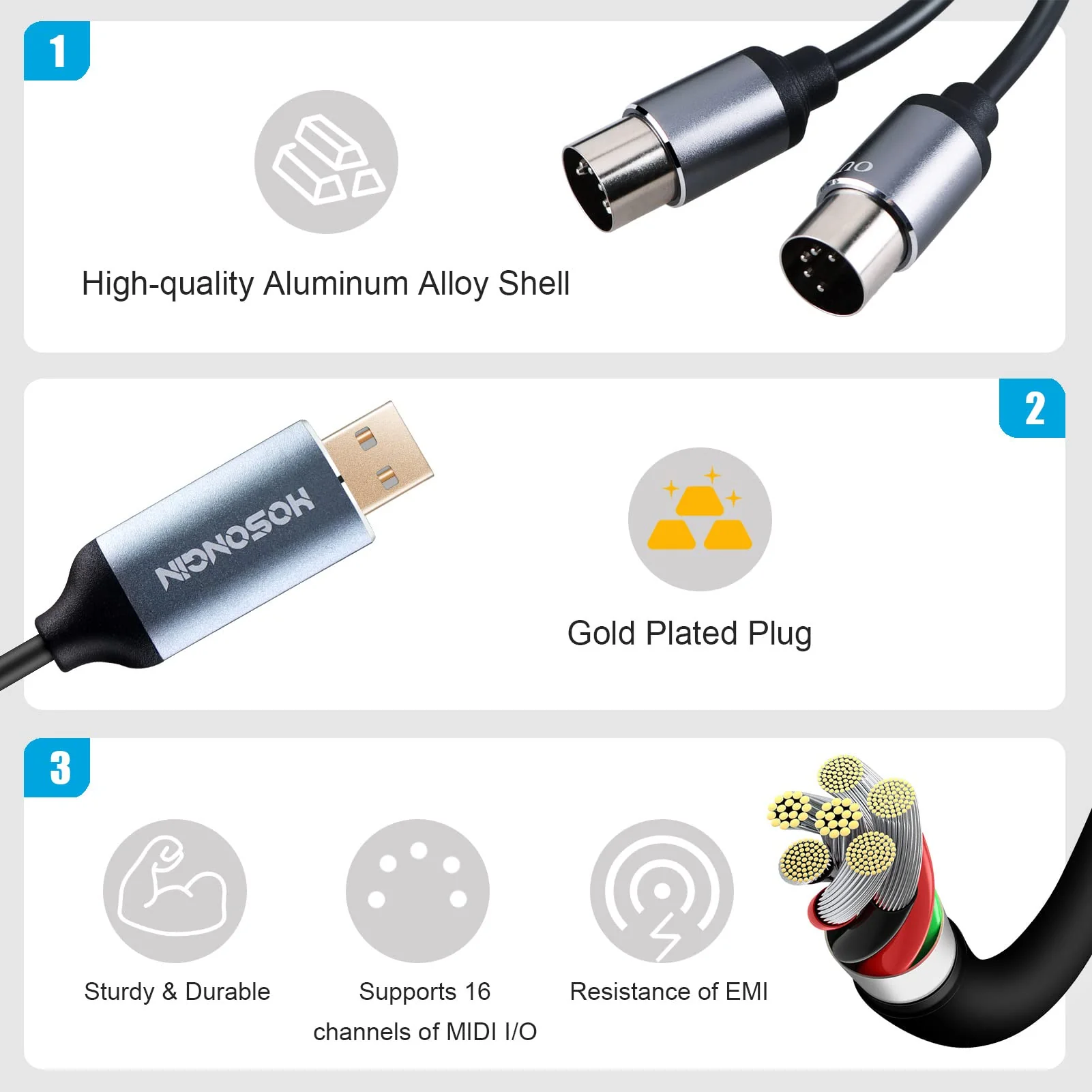HOSONGIN MIDI to USB Cable 6 Feet, USB to 5-PIN MIDI Interface Adapter Connecting with Keyboard Synthesizer Drum for Editing Recording 5PIN-MIDI to USB - Image 4