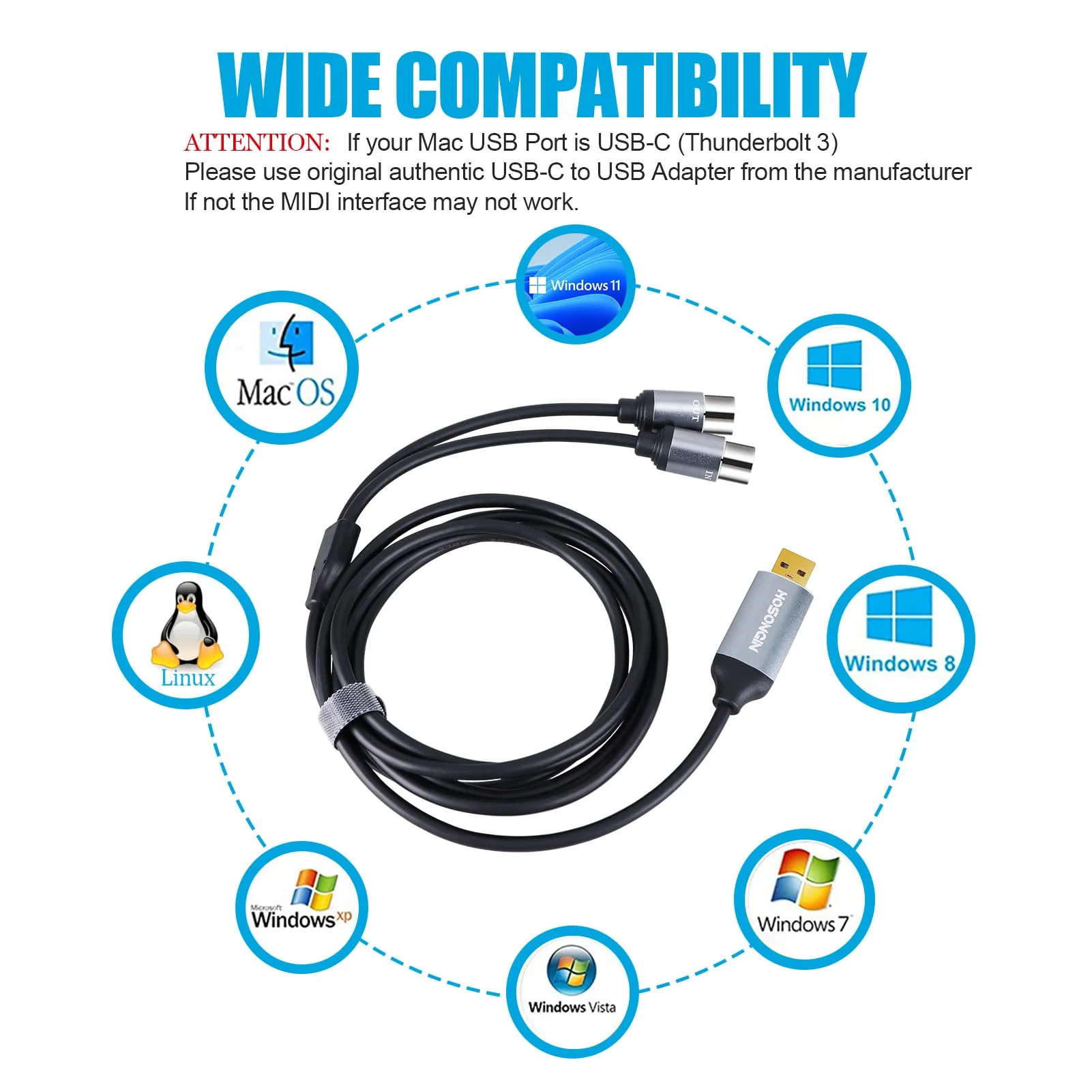 HOSONGIN MIDI to USB Cable 6 Feet, USB to 5-PIN MIDI Interface Adapter Connecting with Keyboard Synthesizer Drum for Editing Recording 5PIN-MIDI to USB - Image 6