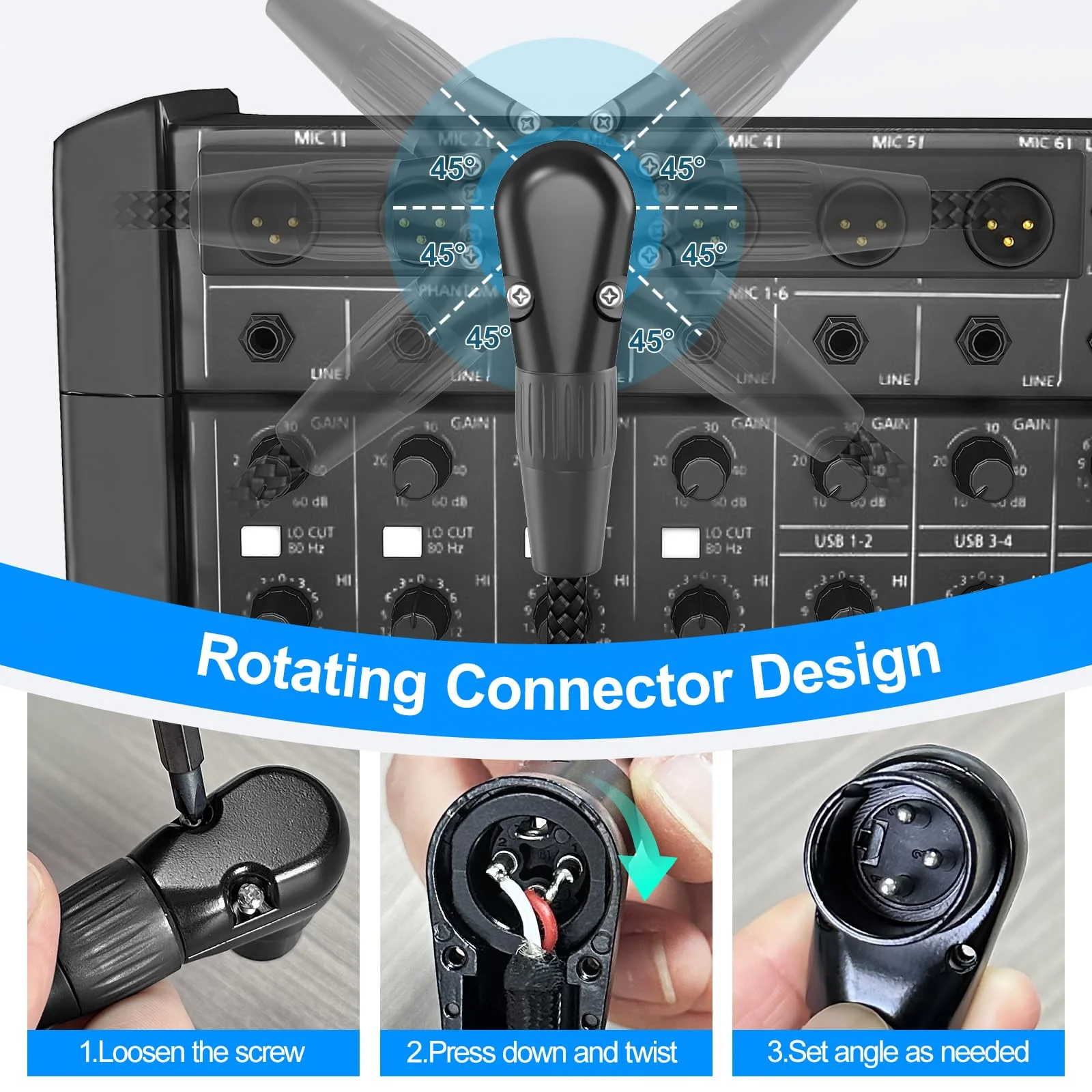 HOSONGIN Right Angle XLR Cable, Adjustable-Angle Female to Straight Male 1FT, 90 Degree Mic Cord for Mixer, Studio, Podcast - 2 Pack - Image 5