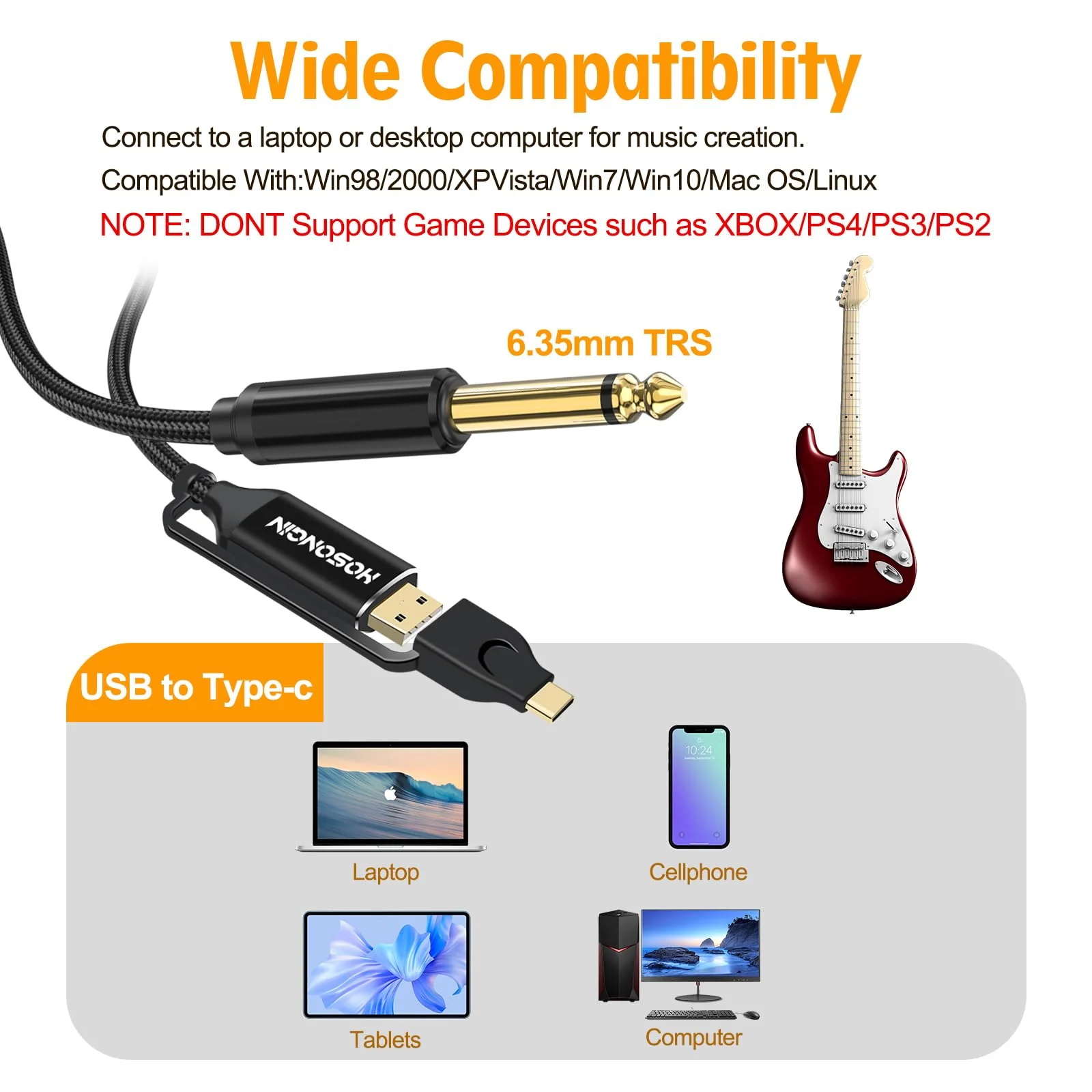 HOSONGIN USB Guitar Cable, Dual USB-C and USB-A Connectors, 16-bit/48kHz High-Fidelity Audio Adapter for Electric Guitar/Bass, Compatible with GarageBand, Audacity, and MacBook, 10 Feet - Image 2