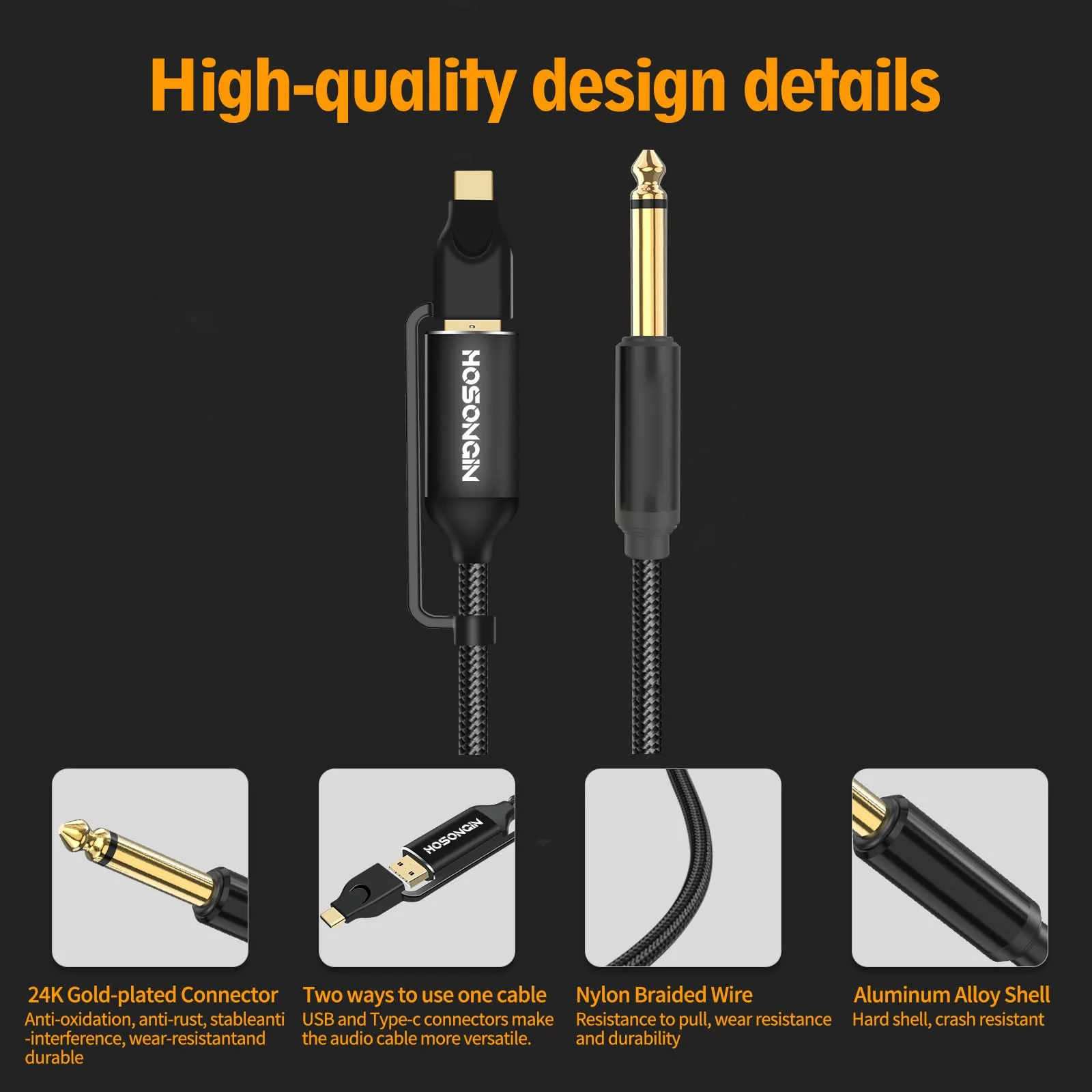 HOSONGIN USB Guitar Cable, Dual USB-C and USB-A Connectors, 16-bit/48kHz High-Fidelity Audio Adapter for Electric Guitar/Bass, Compatible with GarageBand, Audacity, and MacBook, 10 Feet - Image 3