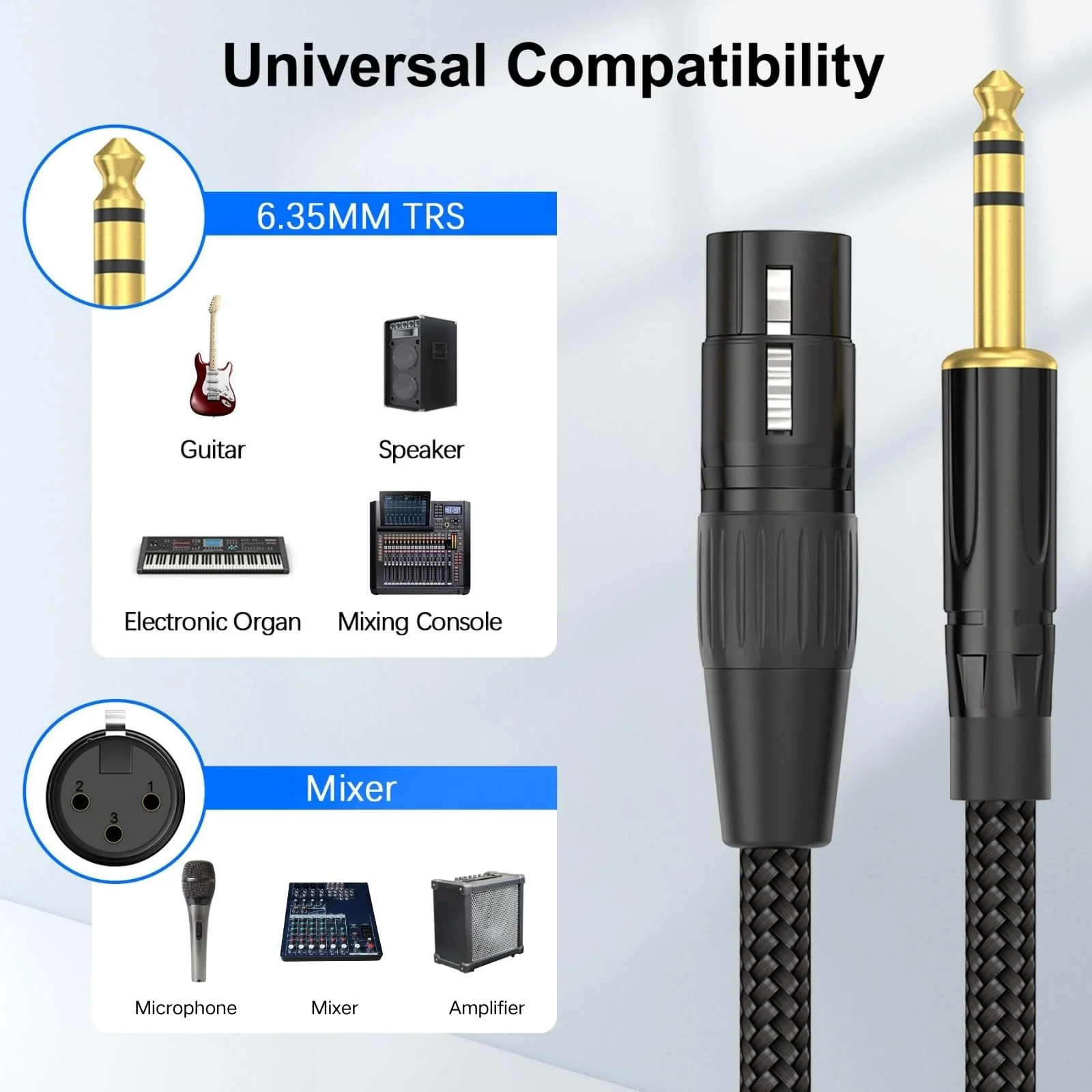HOSONGIN XLR Female to 1/4 TRS Male Balanced Cable, 6.35mm Balanced Stereo Jack Cable with 3-Pin Connector, Nylon Braided for Live Sound, Electronic Organ, Mixers Studio Gear, 10 Feet 1-Pack Black - Image 4