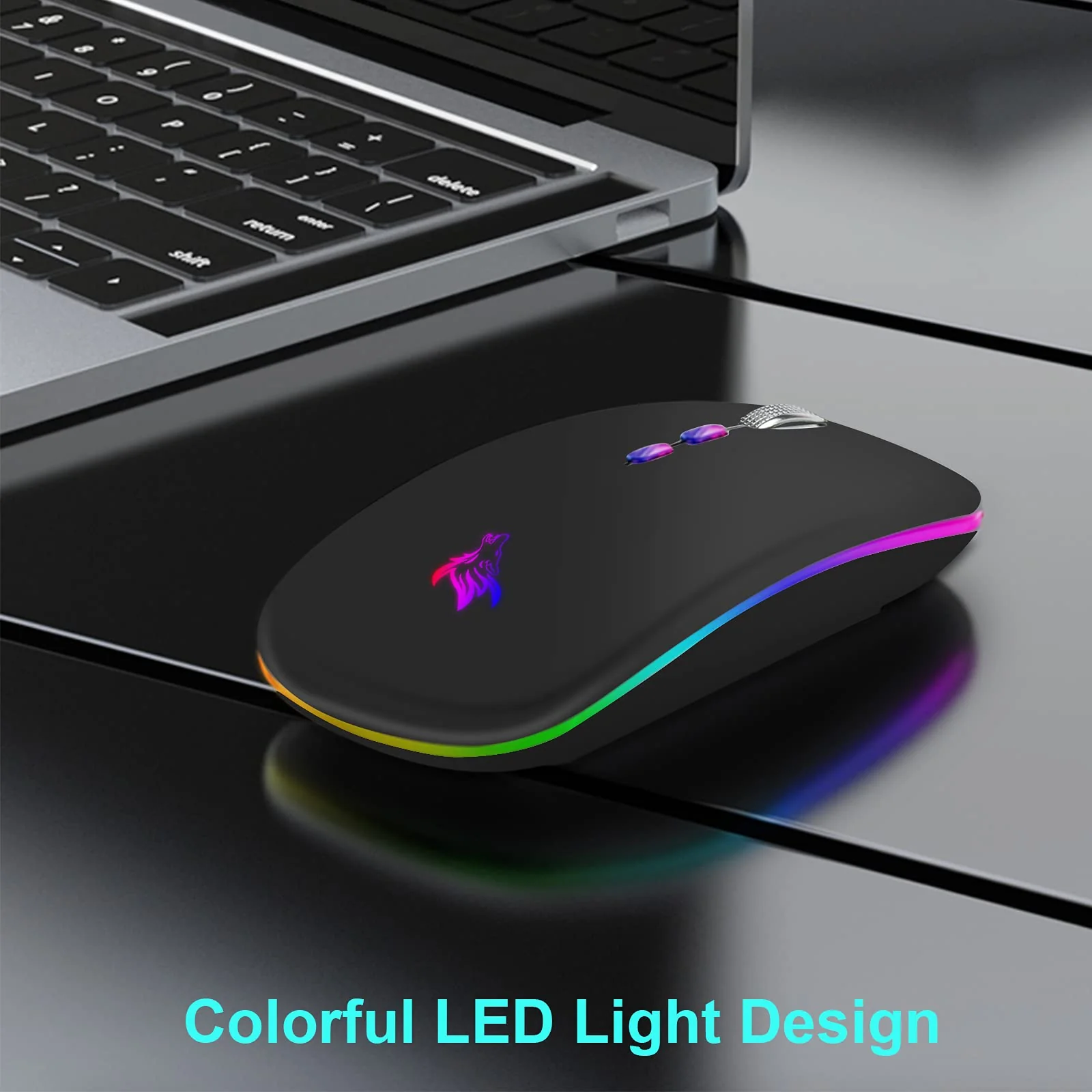 HOTLIFE LED Wireless Mouse, Slim Rechargeable Silent Portable USB Optical 2.4G Wireless Bluetooth Two Mode Computer Mice with USB Receiver and Type C Adapter (Black) Black - Image 2