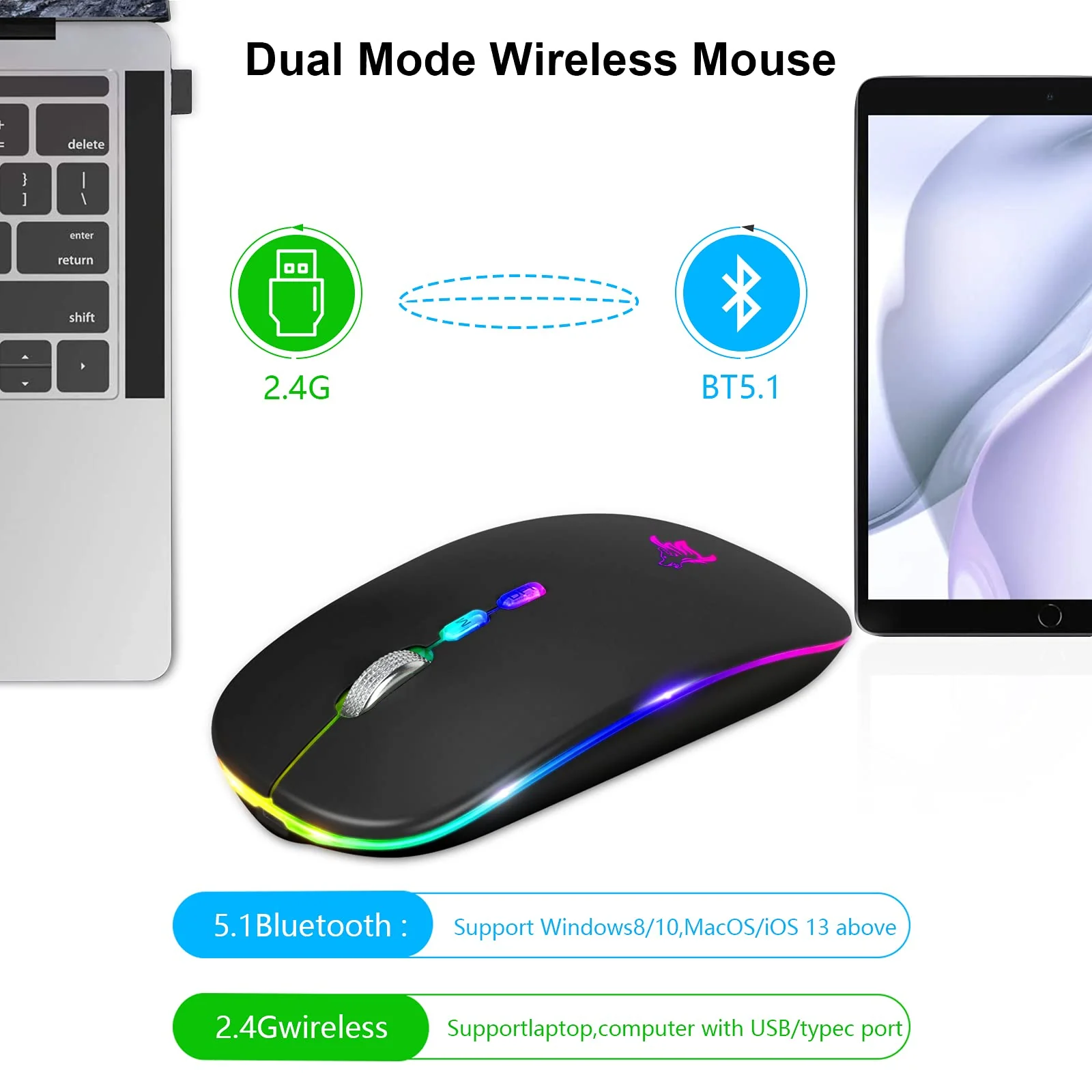 HOTLIFE LED Wireless Mouse, Slim Rechargeable Silent Portable USB Optical 2.4G Wireless Bluetooth Two Mode Computer Mice with USB Receiver and Type C Adapter (Black) Black - Image 4