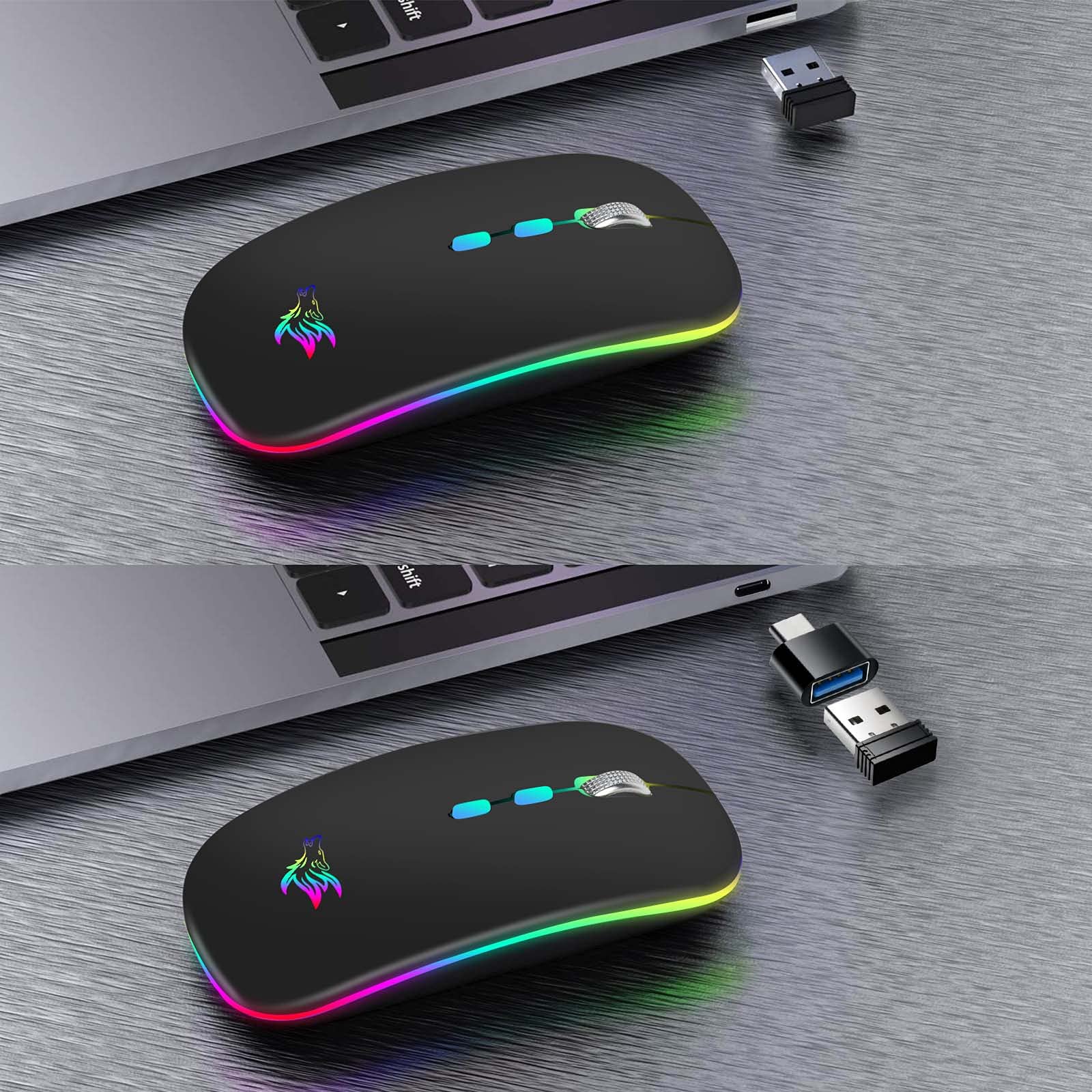 HOTLIFE LED Wireless Mouse, Slim Rechargeable Silent Portable USB Optical 2.4G Wireless Bluetooth Two Mode Computer Mice with USB Receiver and Type C Adapter (Black) Black - Image 5