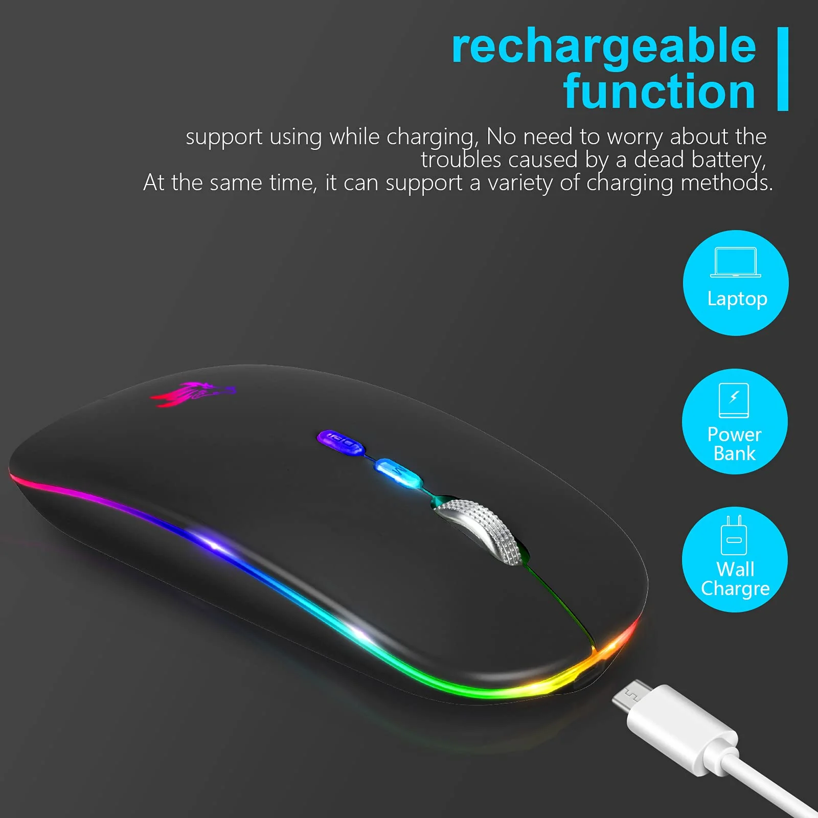 HOTLIFE LED Wireless Mouse, Slim Rechargeable Silent Portable USB Optical 2.4G Wireless Bluetooth Two Mode Computer Mice with USB Receiver and Type C Adapter (Black) Black - Image 6