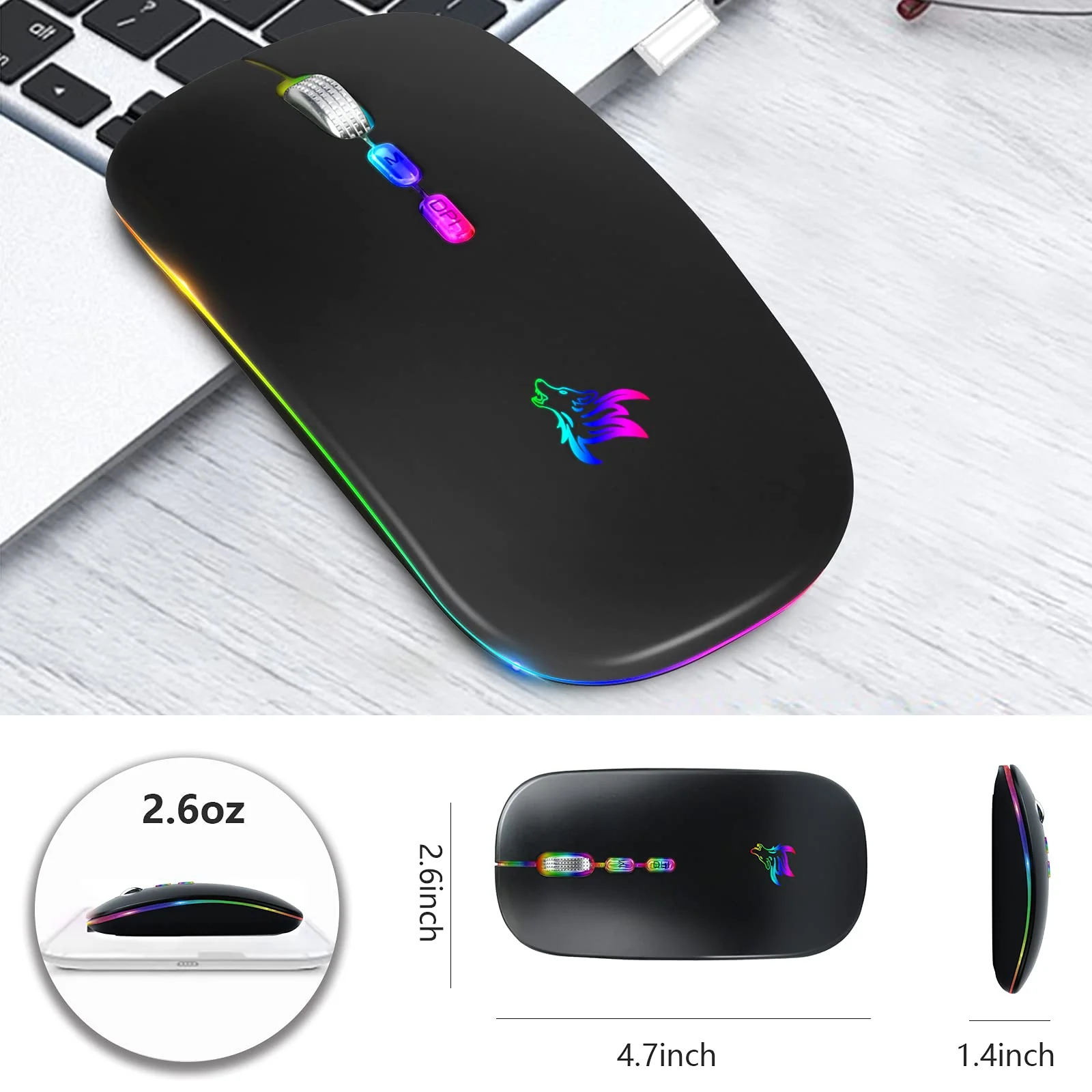 HOTLIFE LED Wireless Mouse, Slim Rechargeable Silent Portable USB Optical 2.4G Wireless Bluetooth Two Mode Computer Mice with USB Receiver and Type C Adapter (Black) Black - Image 7