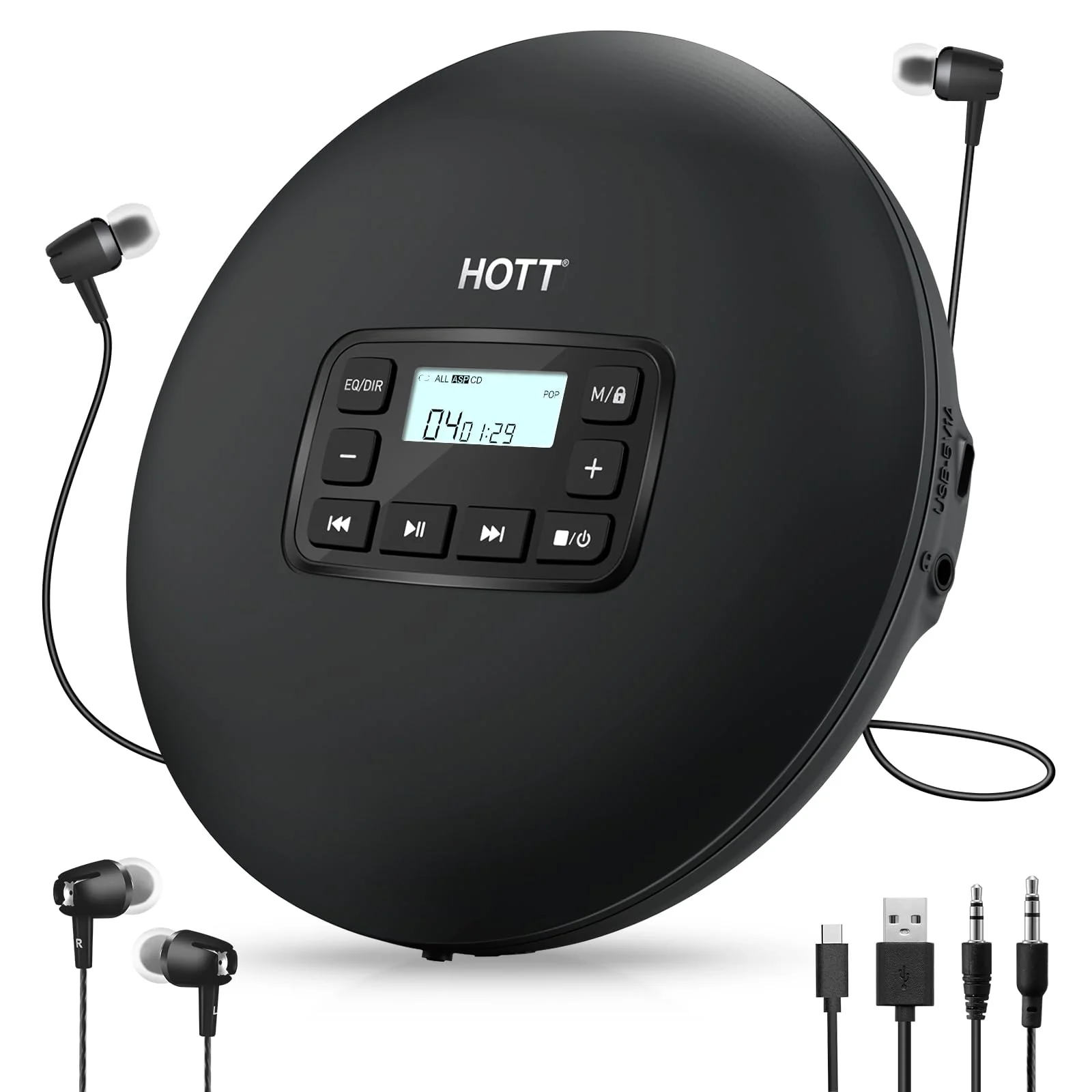 HOTT C204 Basic Portable CD Player with Anti-Skip Protection - AA Battery Powered, Compact CD Players MP3/CD-R Compatible, Built-in Headphones & AUX Output for Car
