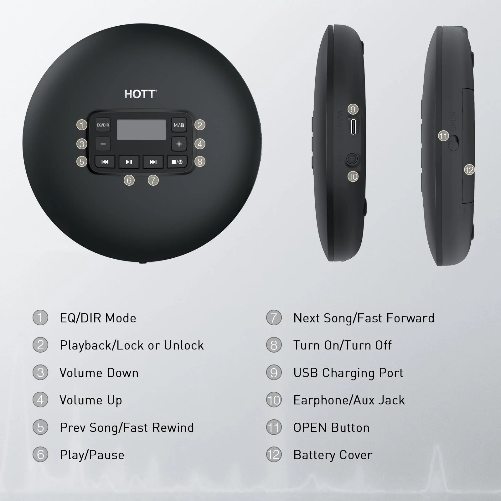 HOTT C204 Basic Portable CD Player with Anti-Skip Protection - AA Battery Powered, Compact CD Players MP3/CD-R Compatible, Built-in Headphones & AUX Output for Car - Image 9