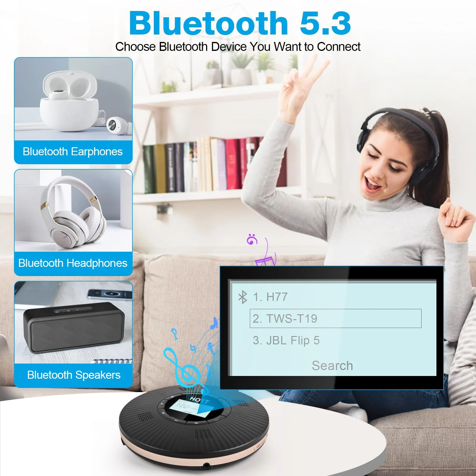 HOTT CD Player Portable with 4 Speakers, Portable CD Player with 5.3 Bluetooth and FM Transmitter with Big LCD Screen Rechargeable 1800mAh Small Walkman CD Players with Headphones for Car Home Travel C228 Black - Image 3